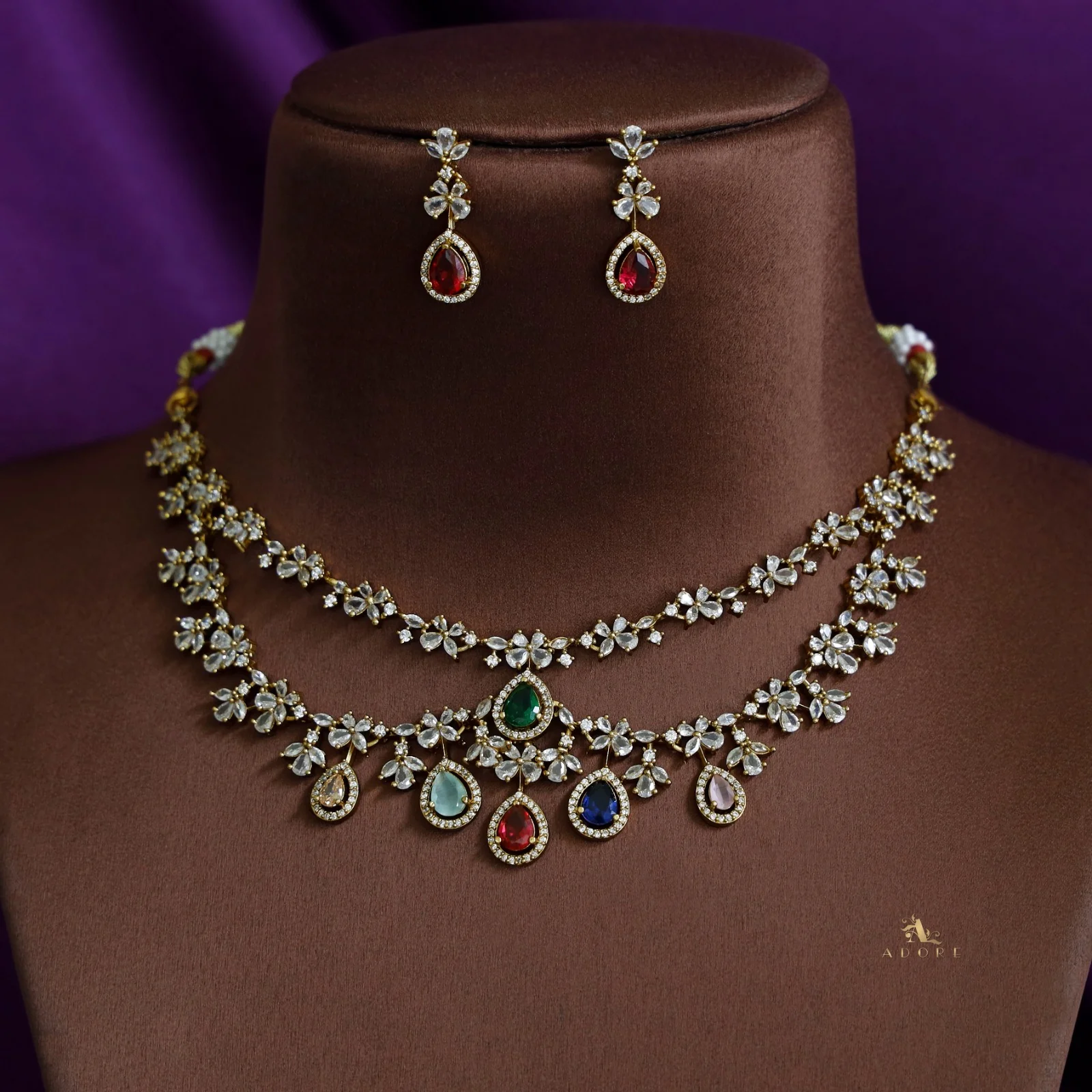 Premium 2 Layer Dew Drops AD Short Neckpiece with Earring - Image 11