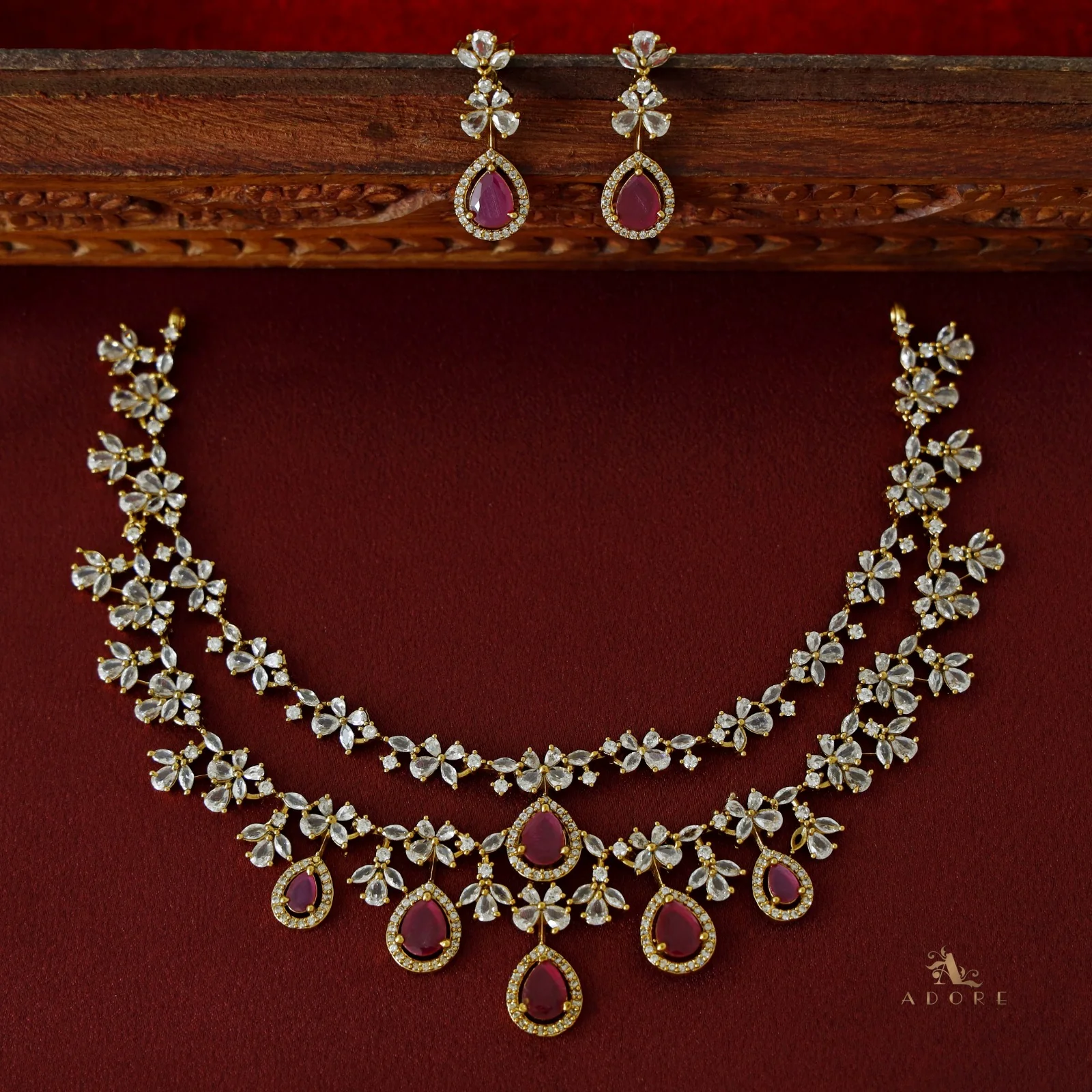 Premium 2 Layer Dew Drops AD Short Neckpiece with Earring - Image 12