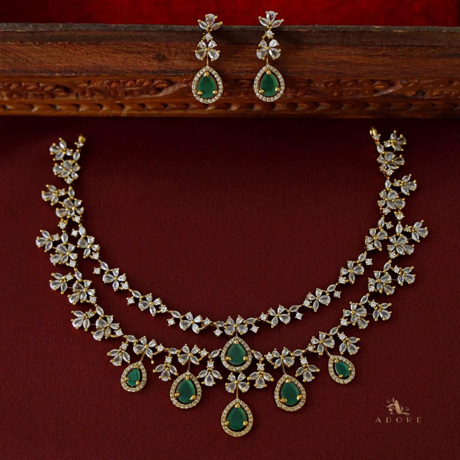 Premium 2 Layer Dew Drops AD Short Neckpiece with Earring - Image 14