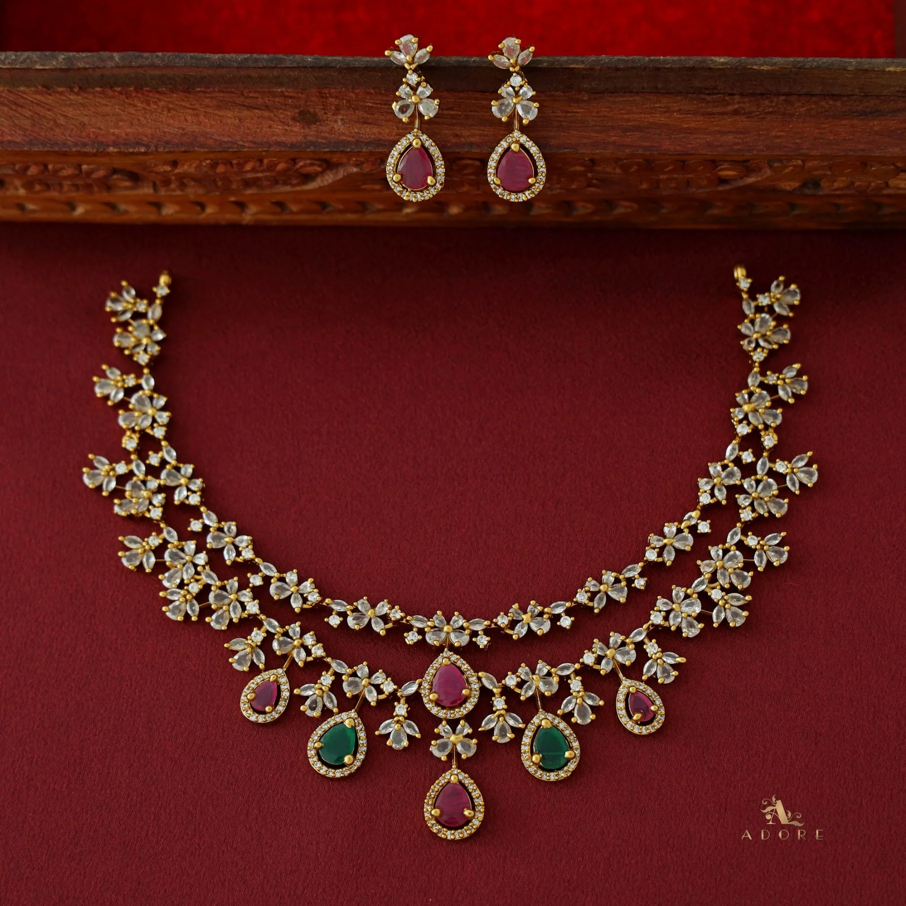 Premium 2 Layer Dew Drops AD Short Neckpiece with Earring - Image 15