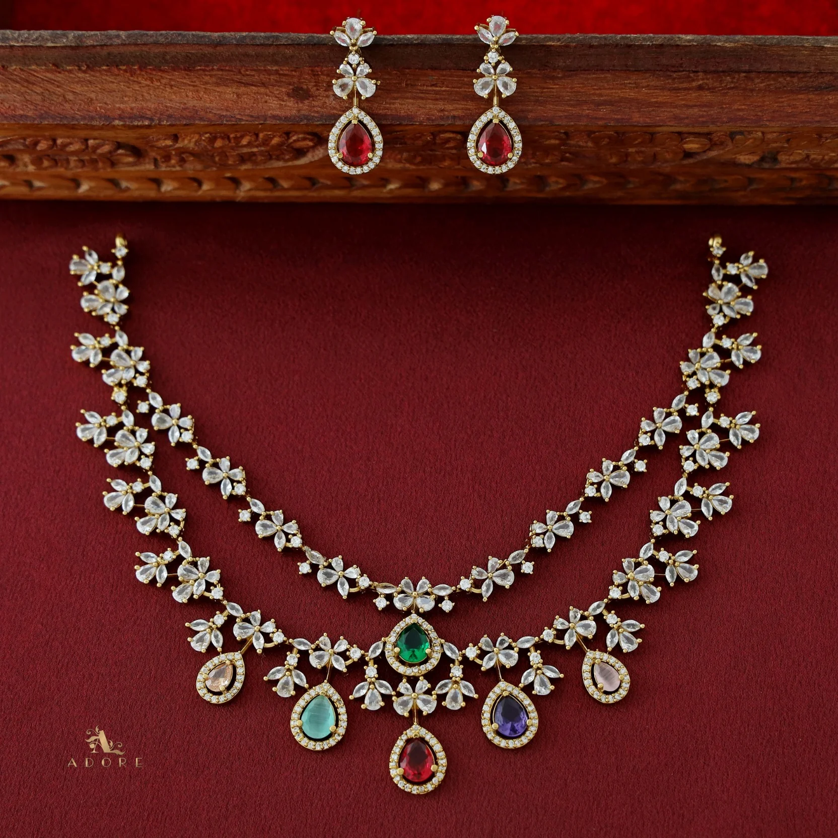 Premium 2 Layer Dew Drops AD Short Neckpiece with Earring - Image 16