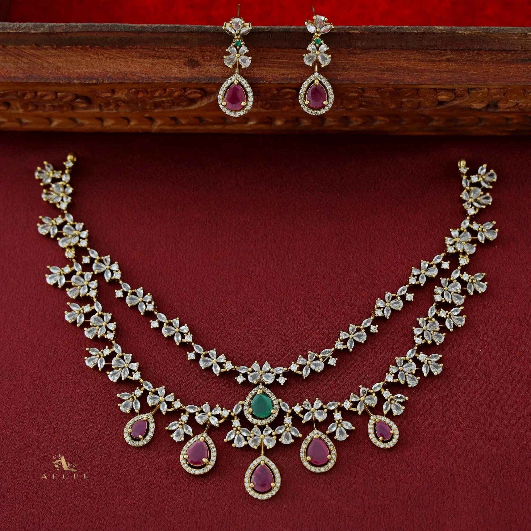 Premium 2 Layer Dew Drops AD Short Neckpiece with Earring - Image 17