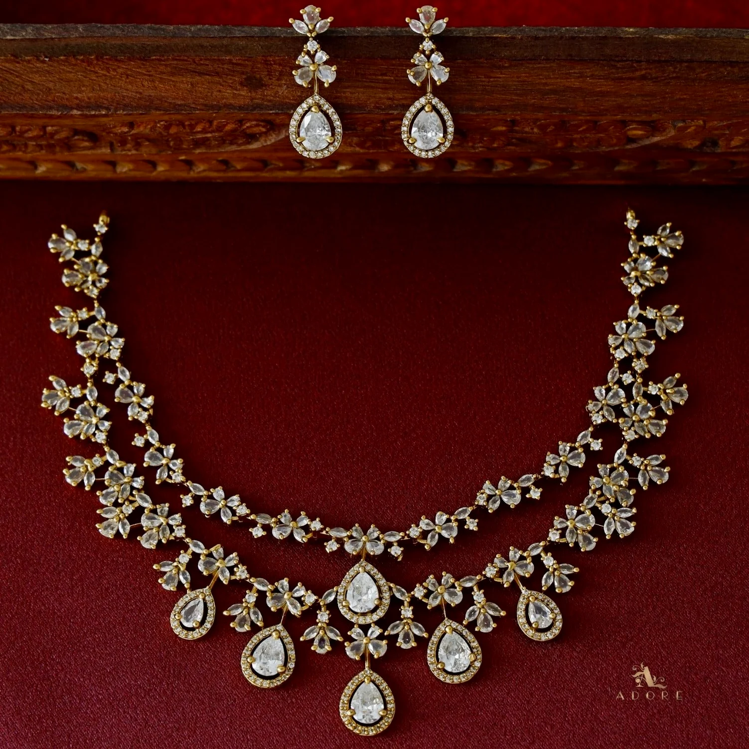 Premium 2 Layer Dew Drops AD Short Neckpiece with Earring - Image 2