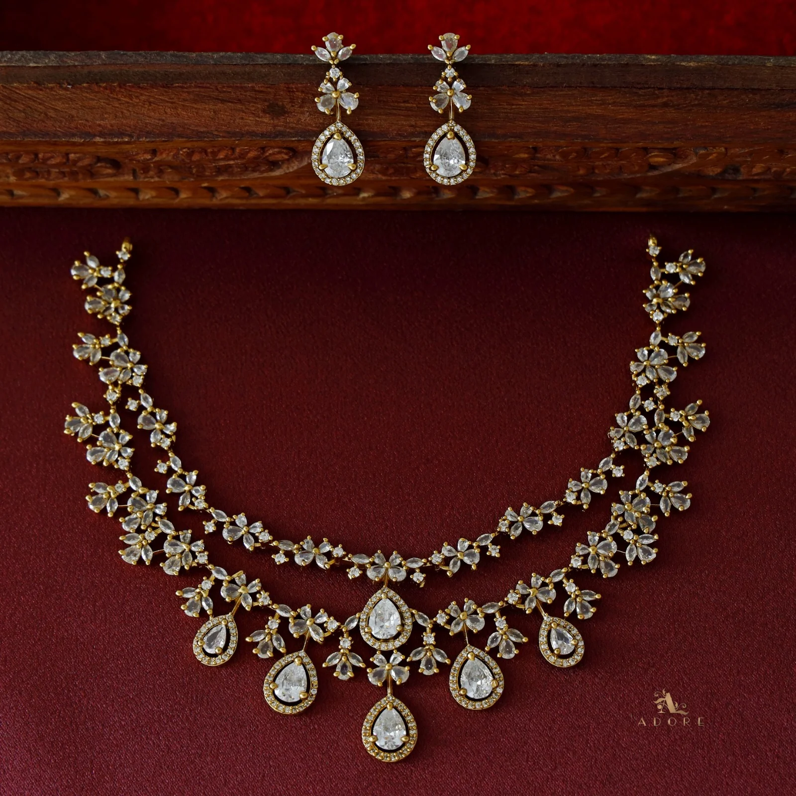 Premium 2 Layer Dew Drops AD Short Neckpiece with Earring - Image 3