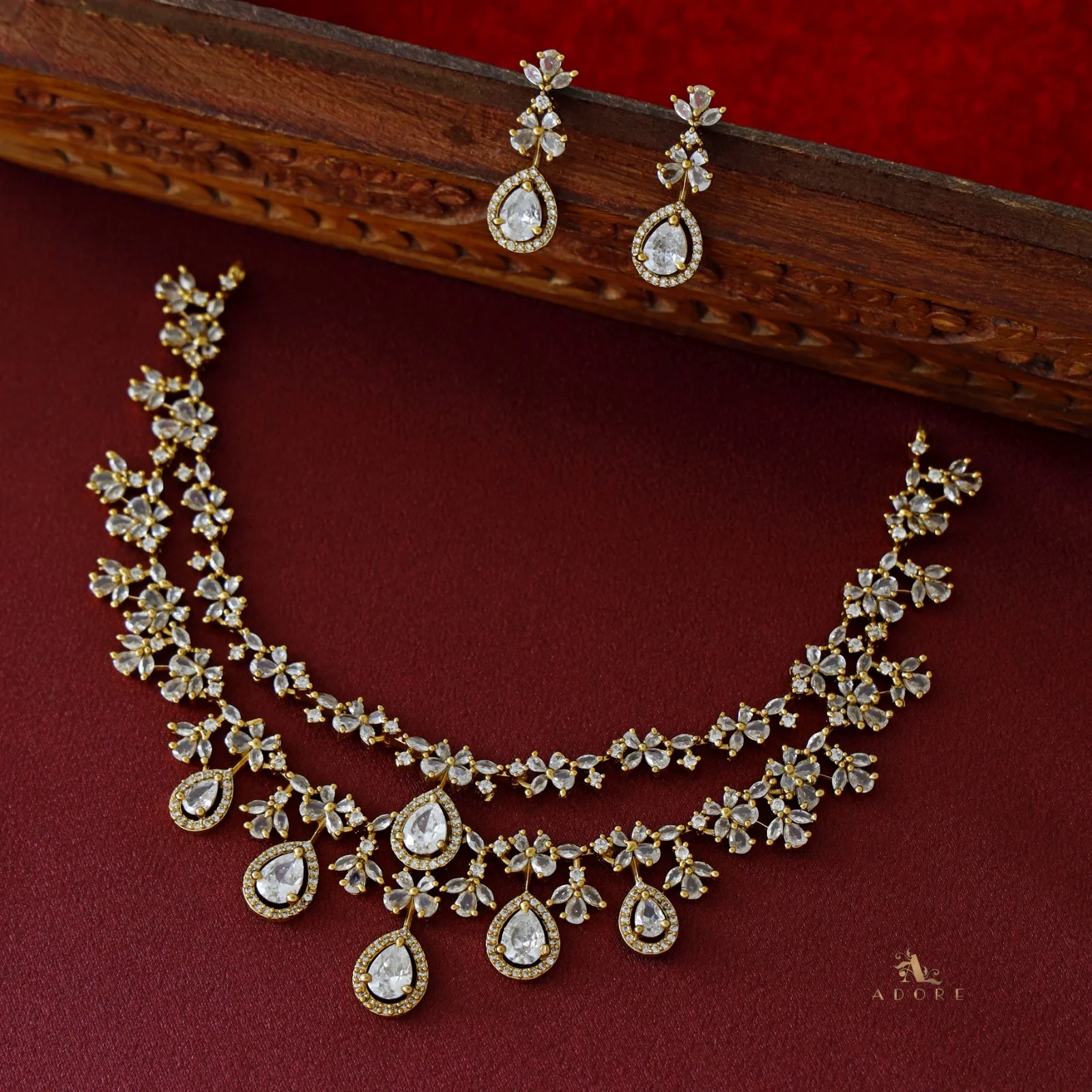 Premium 2 Layer Dew Drops AD Short Neckpiece with Earring - Image 4