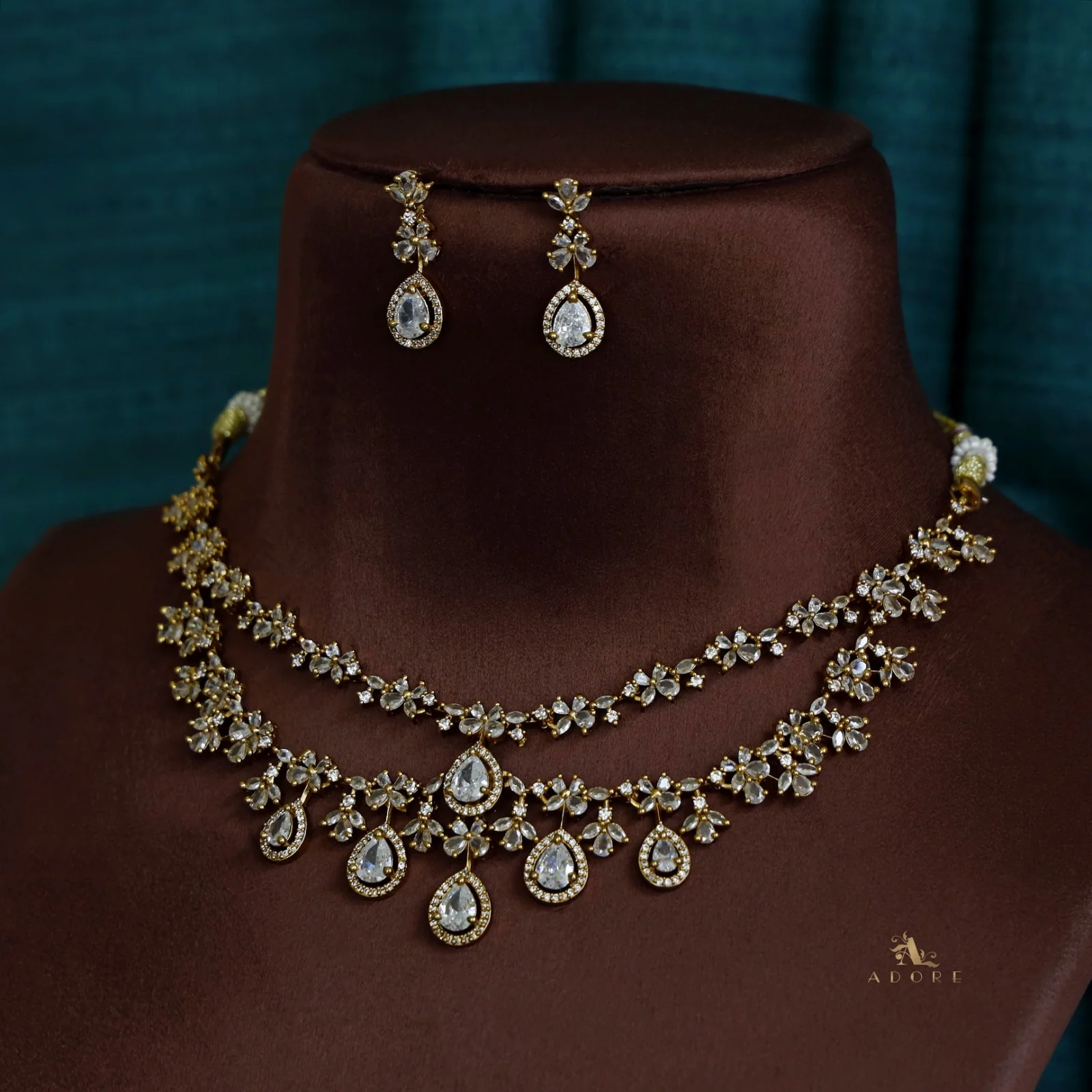 Premium 2 Layer Dew Drops AD Short Neckpiece with Earring - Image 6