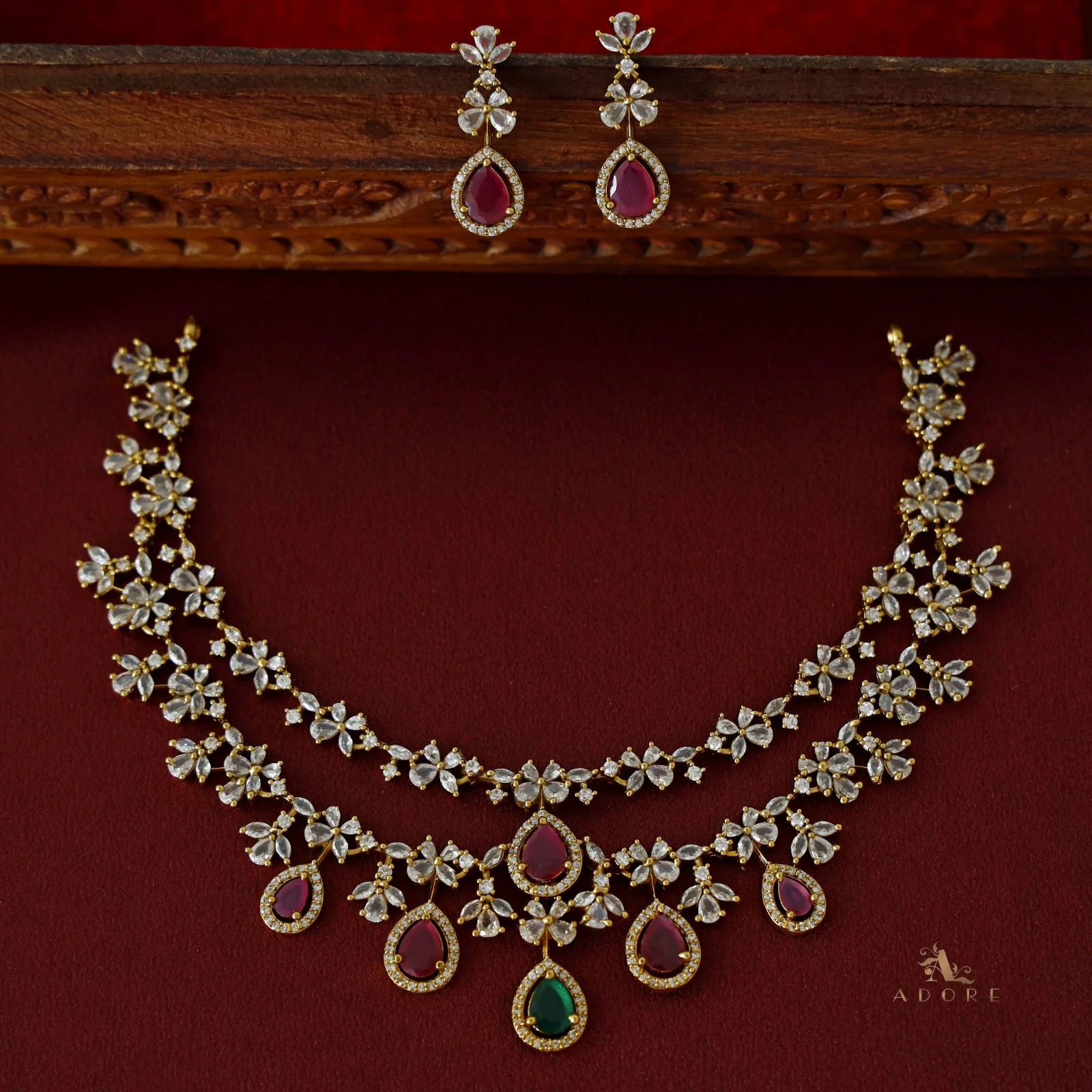 Premium 2 Layer Dew Drops AD Short Neckpiece with Earring - Image 7
