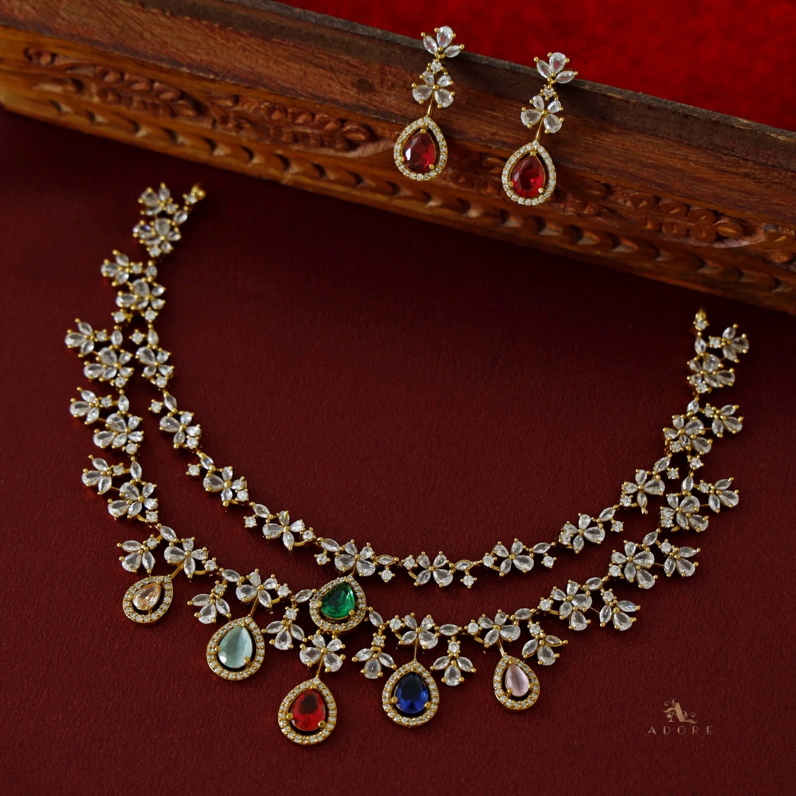 Premium 2 Layer Dew Drops AD Short Neckpiece with Earring - Image 9