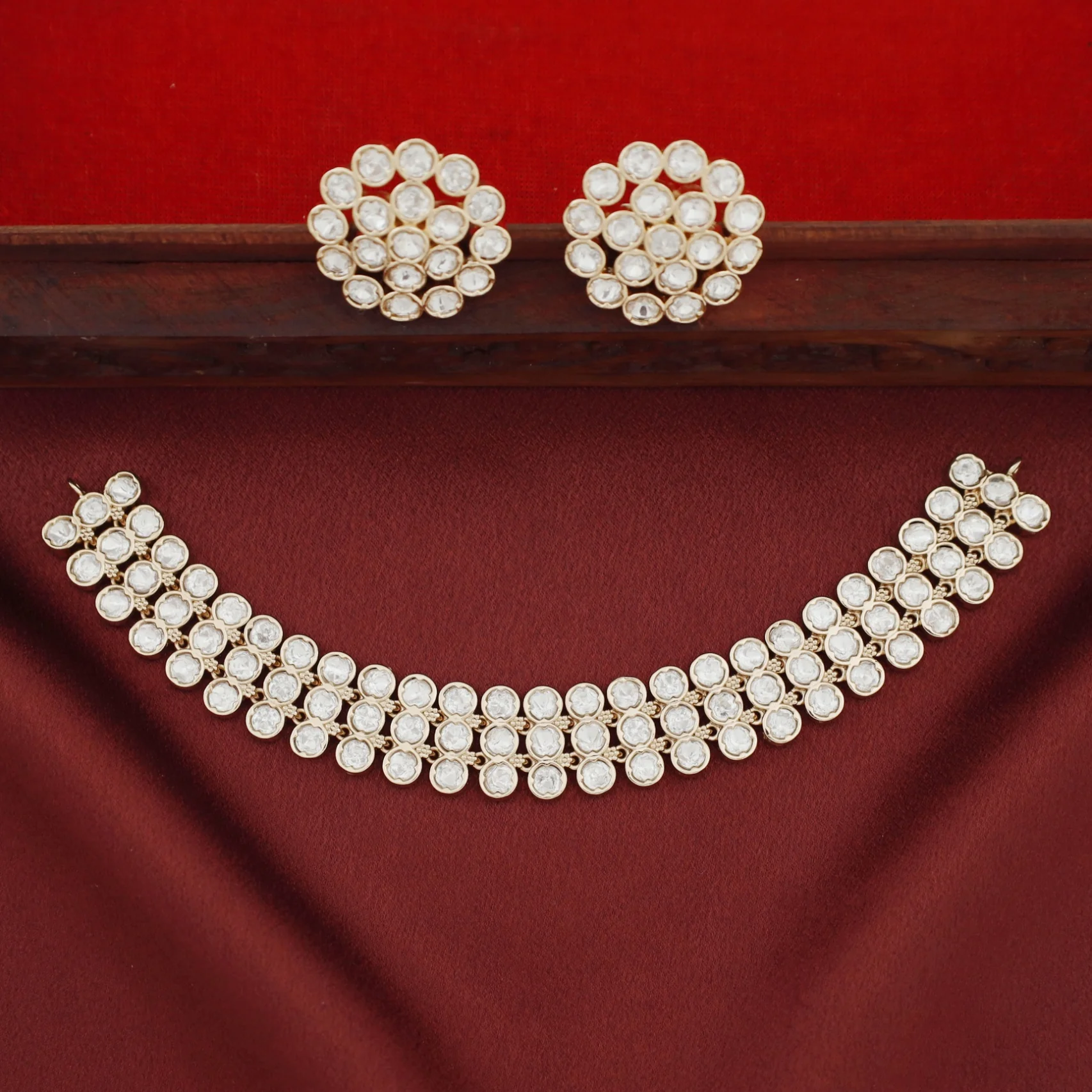 Premium Aarna Kundan 3 Layer Circle Choker With Earring - Image 2