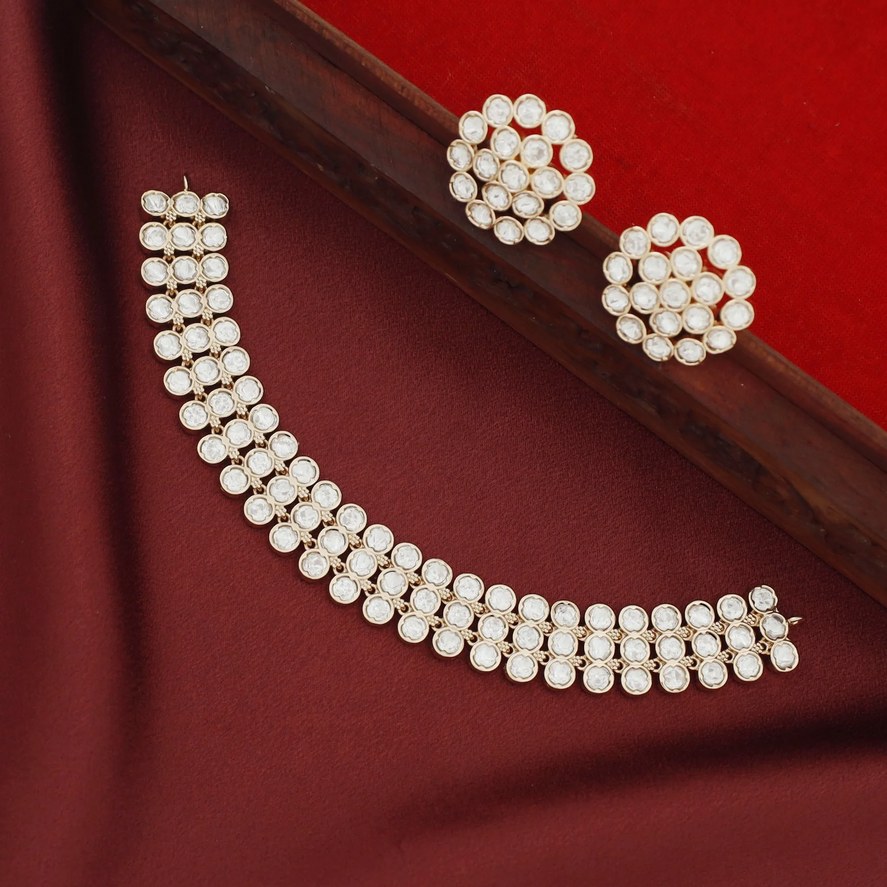 Premium Aarna Kundan 3 Layer Circle Choker With Earring - Image 3
