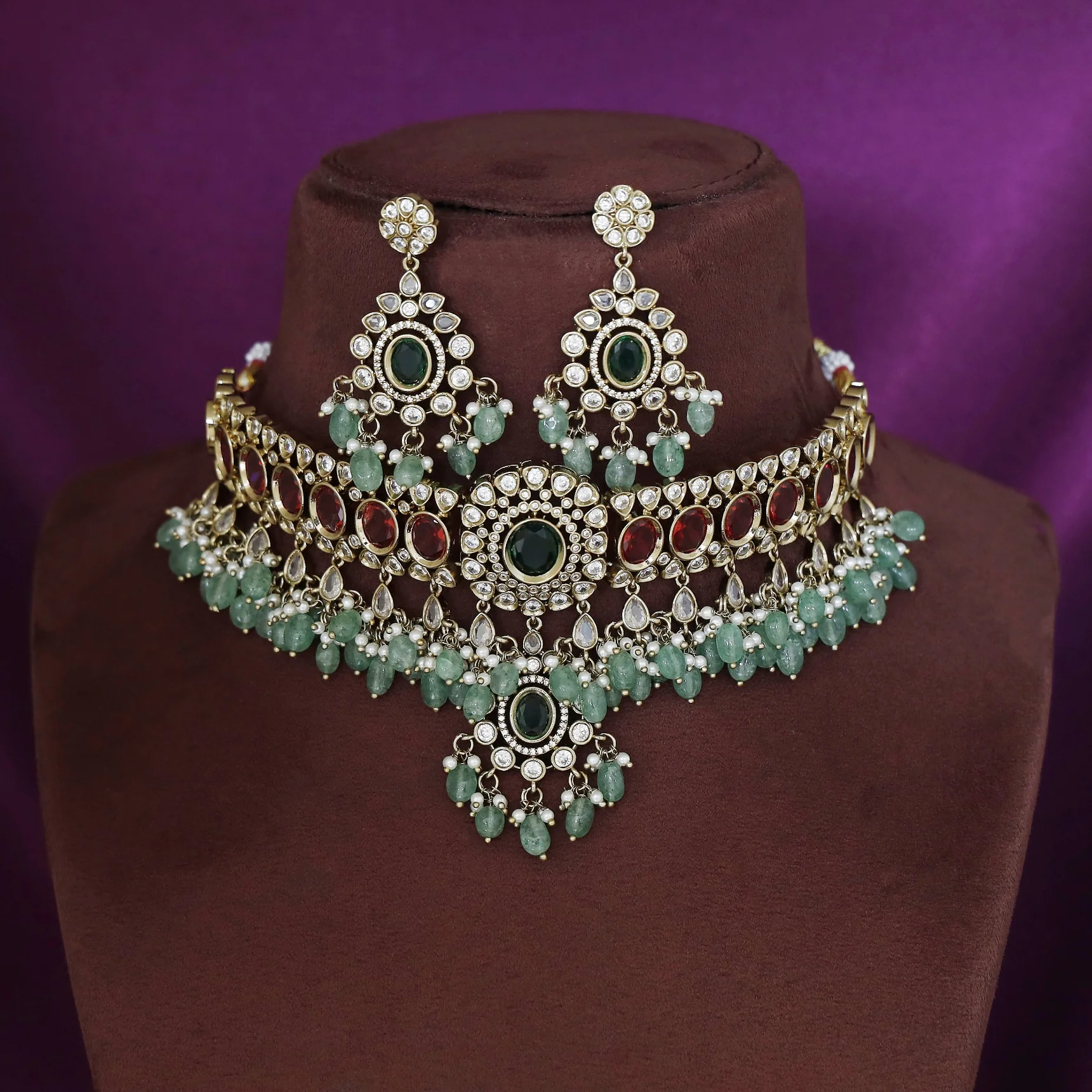 Premium AD Stone Oval Glossy Stone Beaded Choker With Earring - Image 2