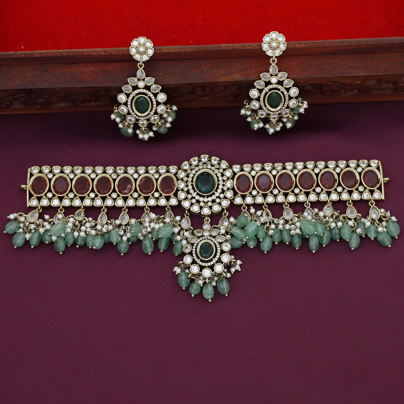 Premium AD Stone Oval Glossy Stone Beaded Choker With Earring - Image 3