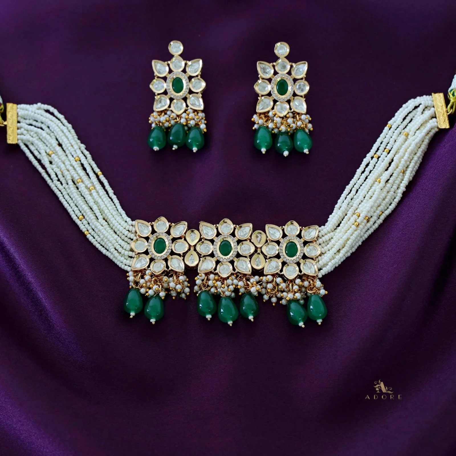 Premium Aehili Polki Kundan Neckpiece With Earring - Image 10