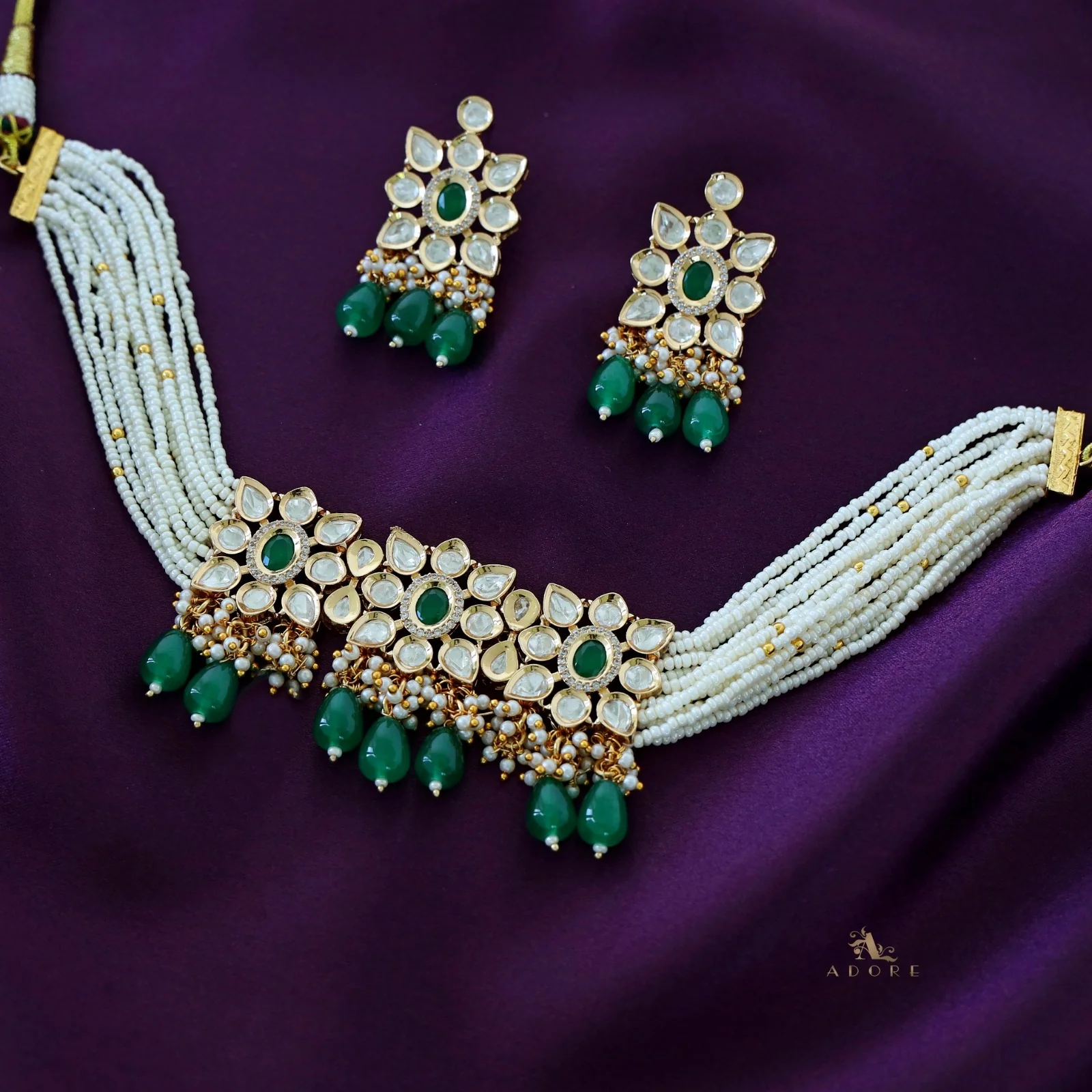 Premium Aehili Polki Kundan Neckpiece With Earring - Image 11