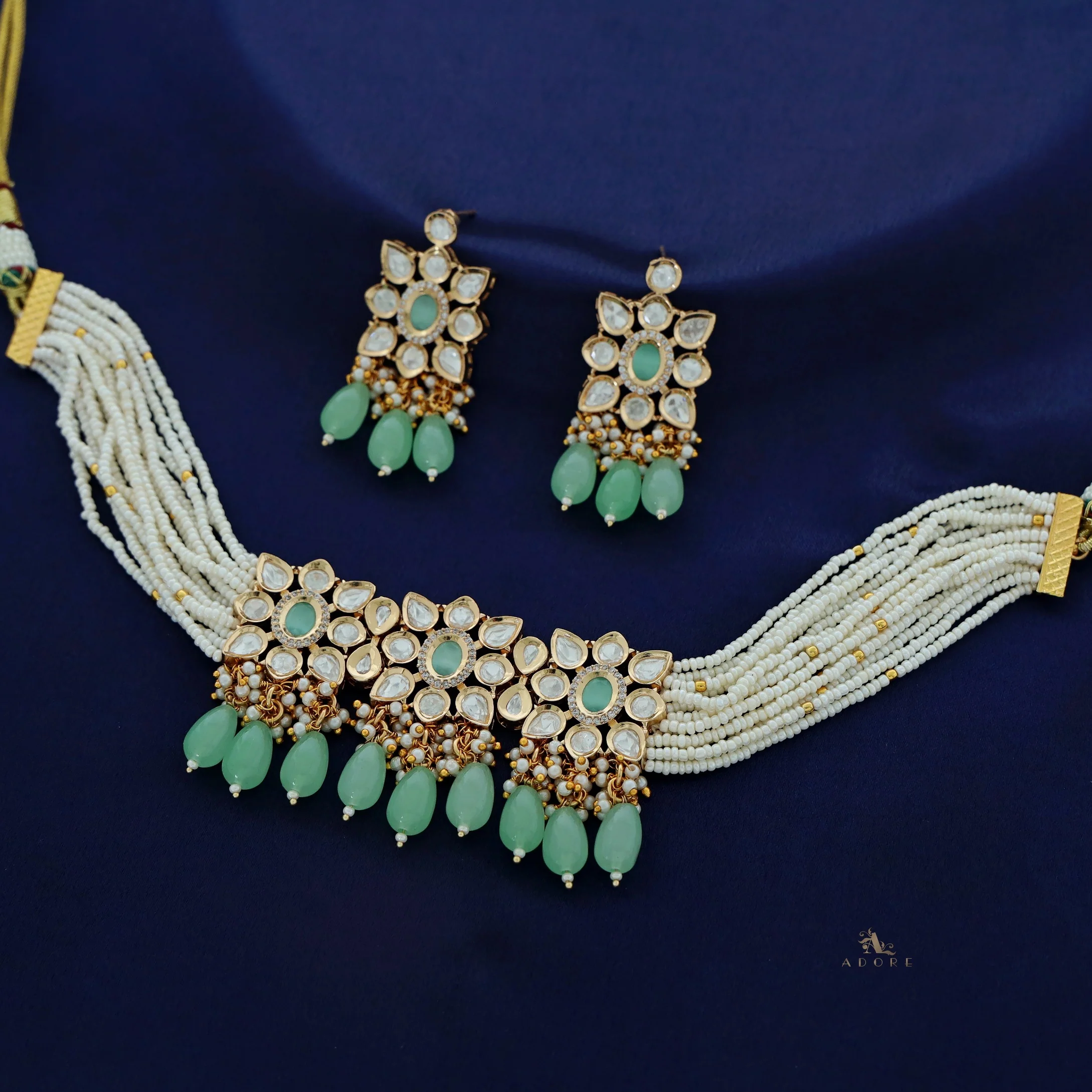 Premium Aehili Polki Kundan Neckpiece With Earring - Image 8