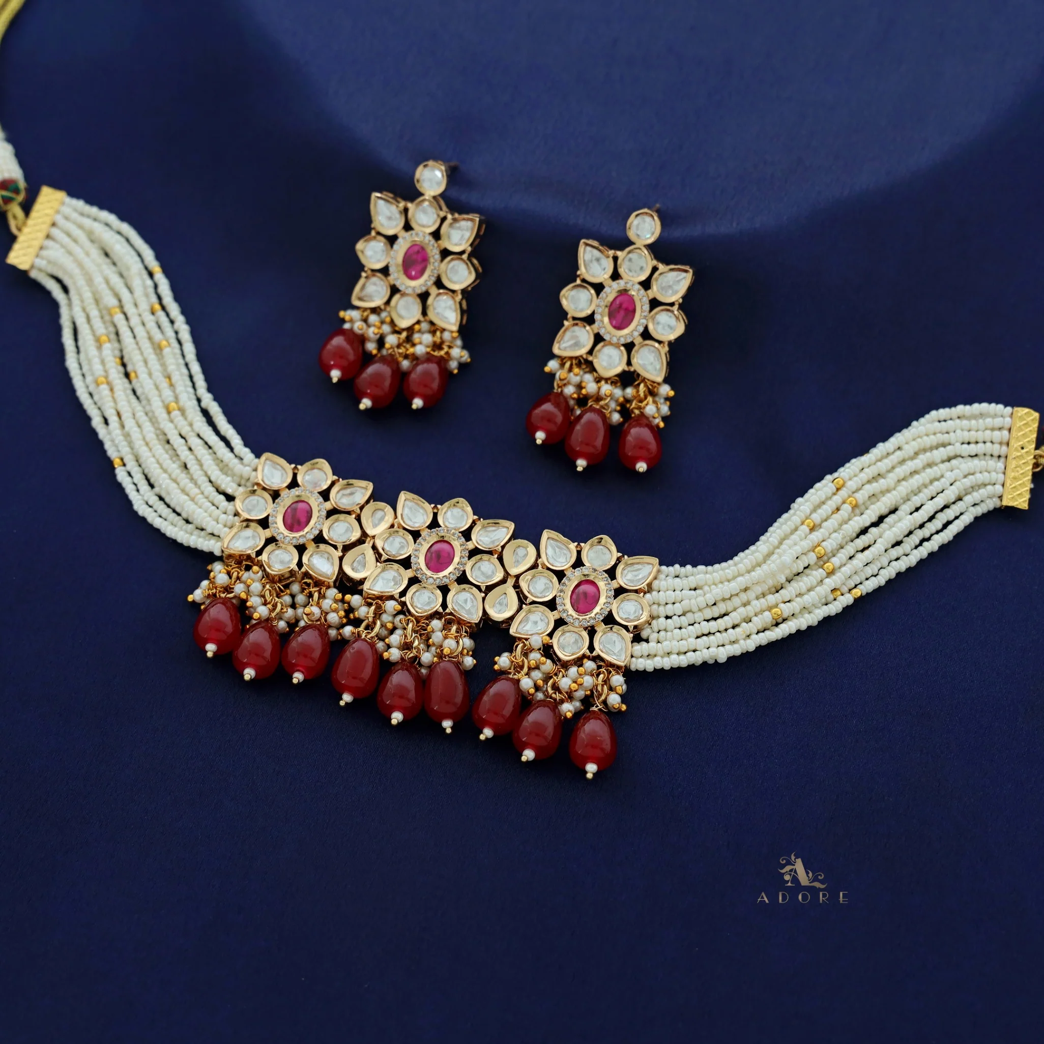 Premium Aehili Polki Kundan Neckpiece With Earring - Image 9