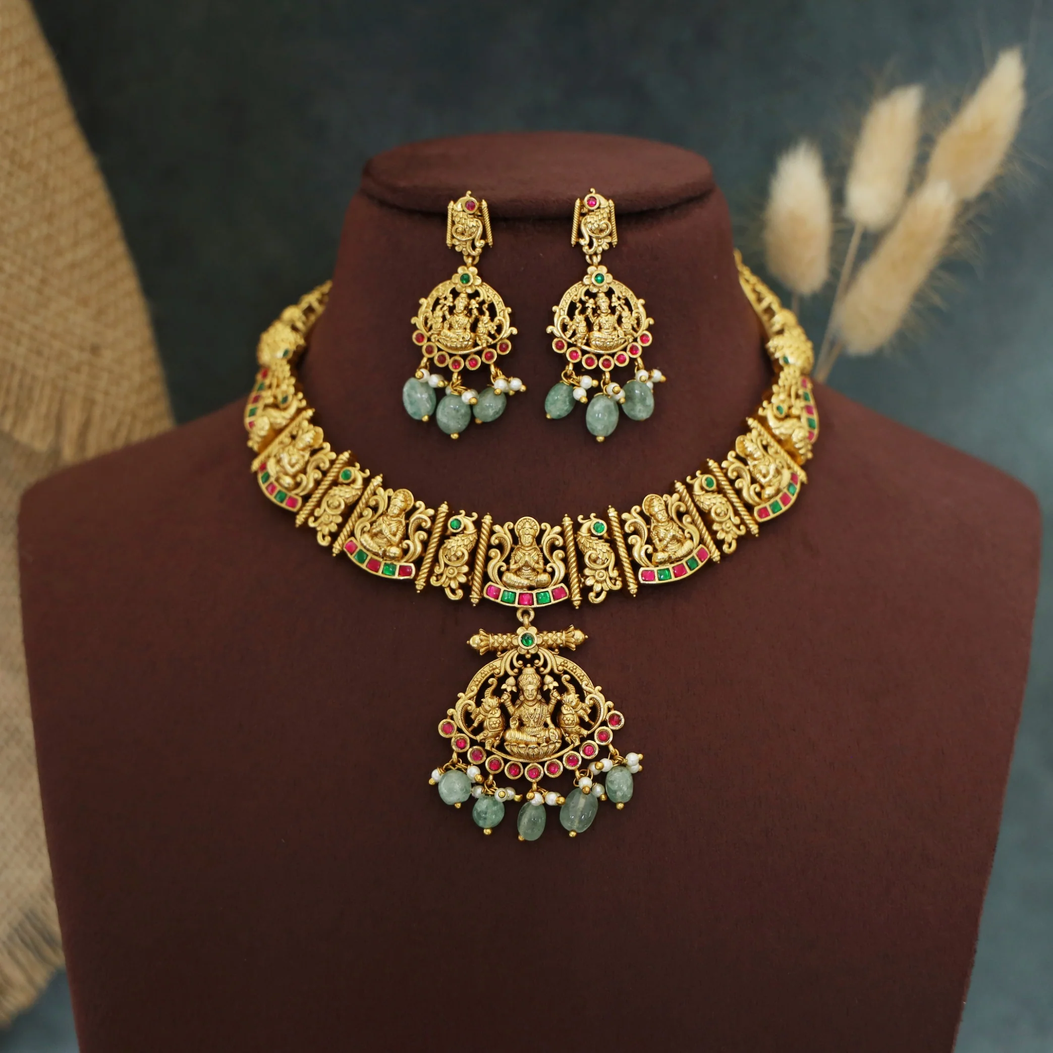 Premium Anwesha Pearl Beaded Devi Pendant Short Neckpiece With Earring - Image 2