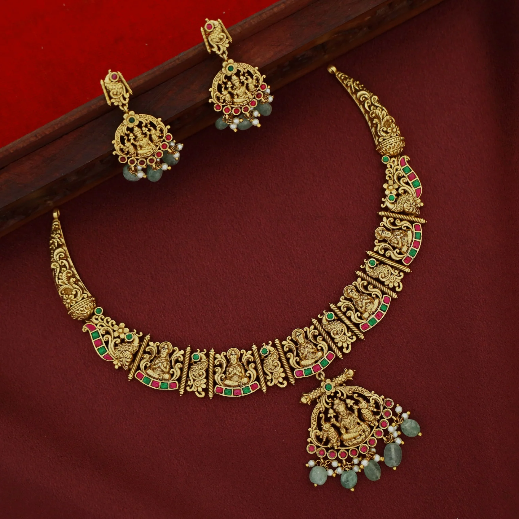 Premium Anwesha Pearl Beaded Devi Pendant Short Neckpiece With Earring - Image 3