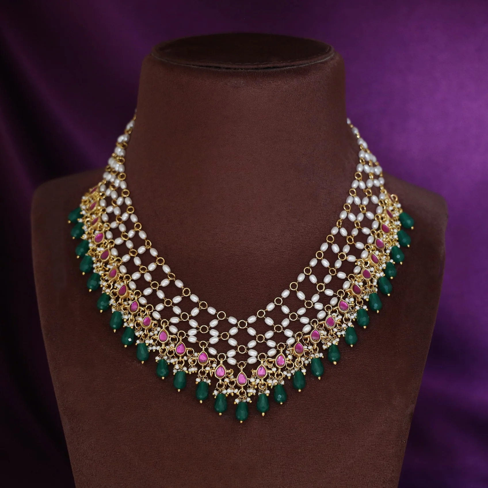 Premium Arohi Jadau Kundan Rice Pearl Beaded Neckpiece - Image 2