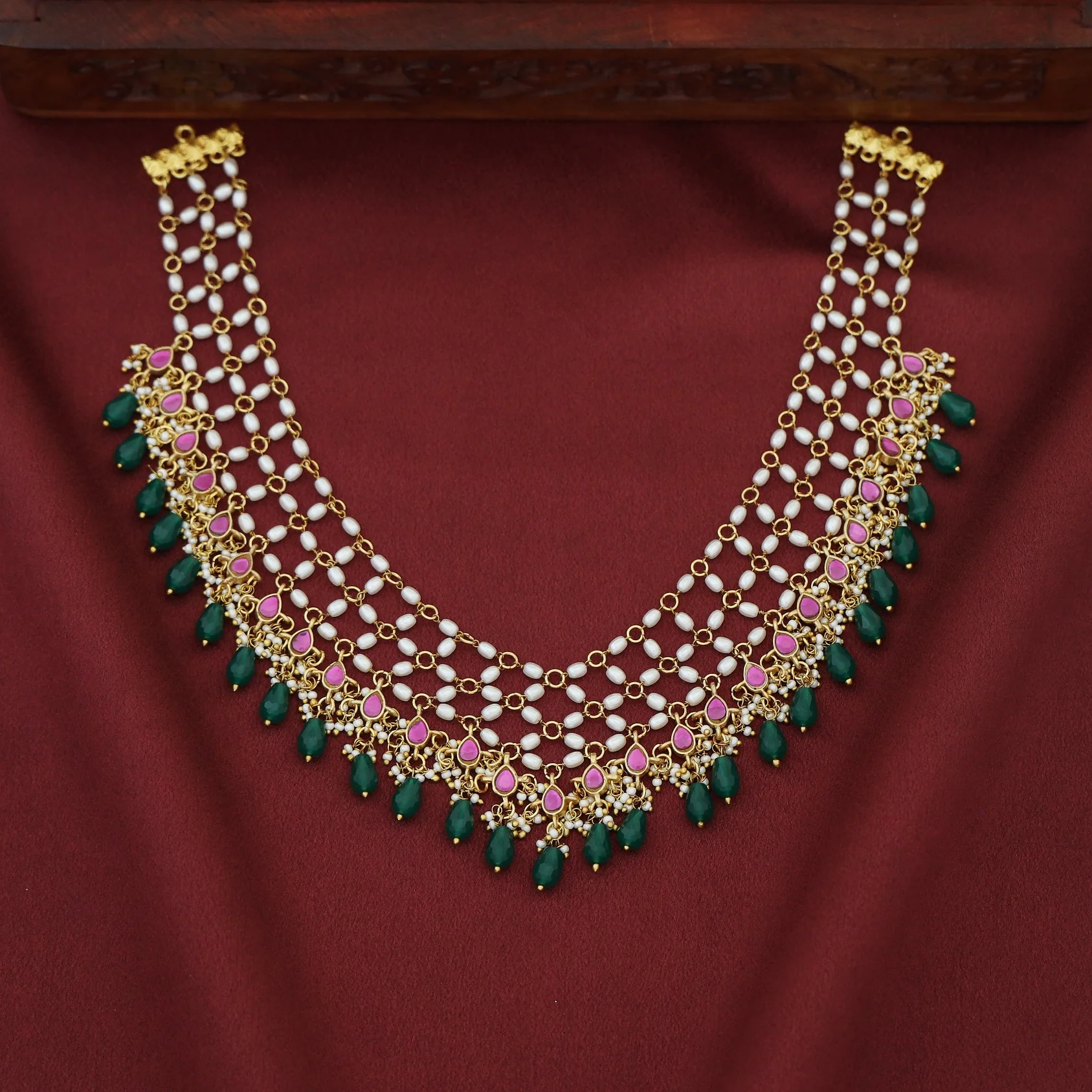 Premium Arohi Jadau Kundan Rice Pearl Beaded Neckpiece - Image 3