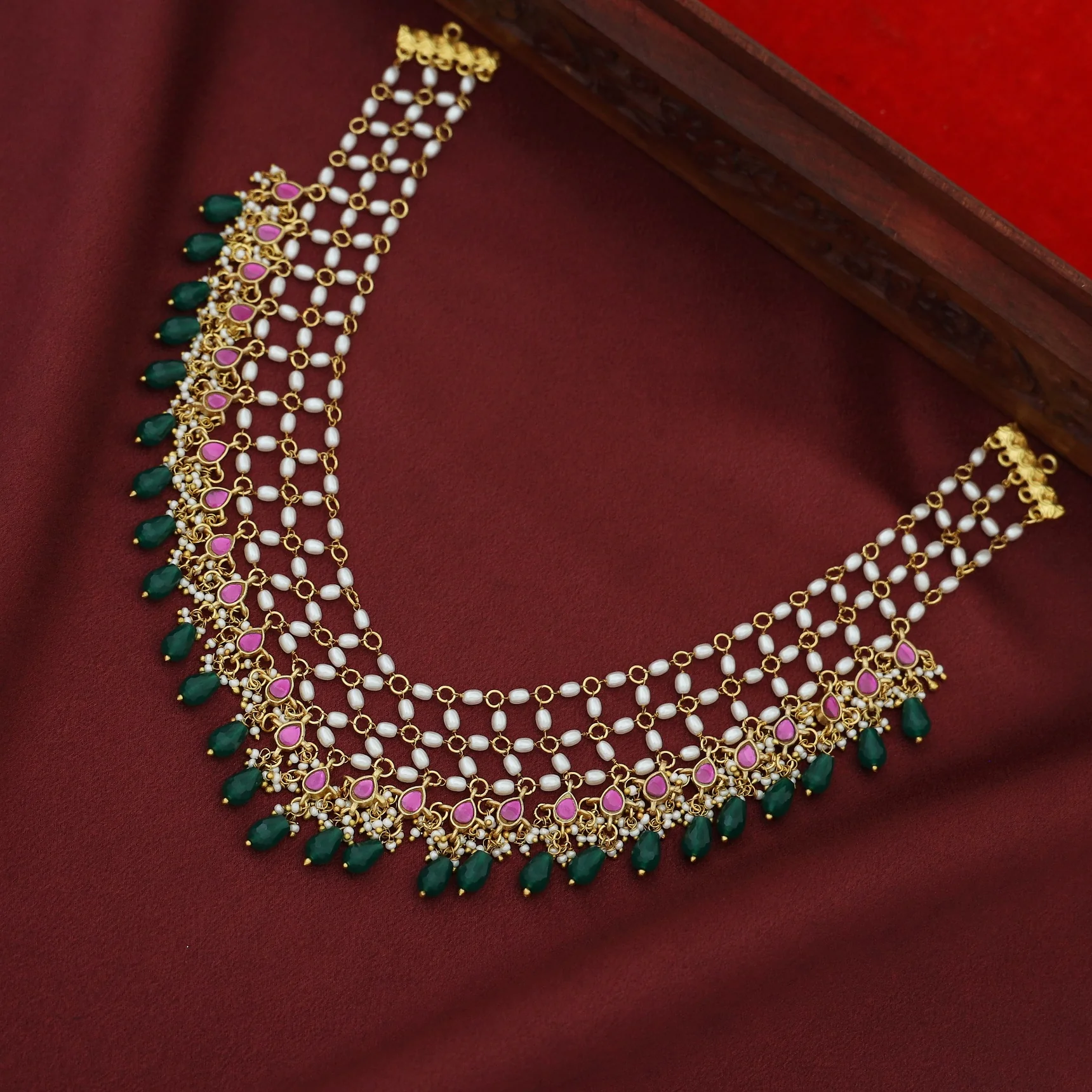 Premium Arohi Jadau Kundan Rice Pearl Beaded Neckpiece - Image 4