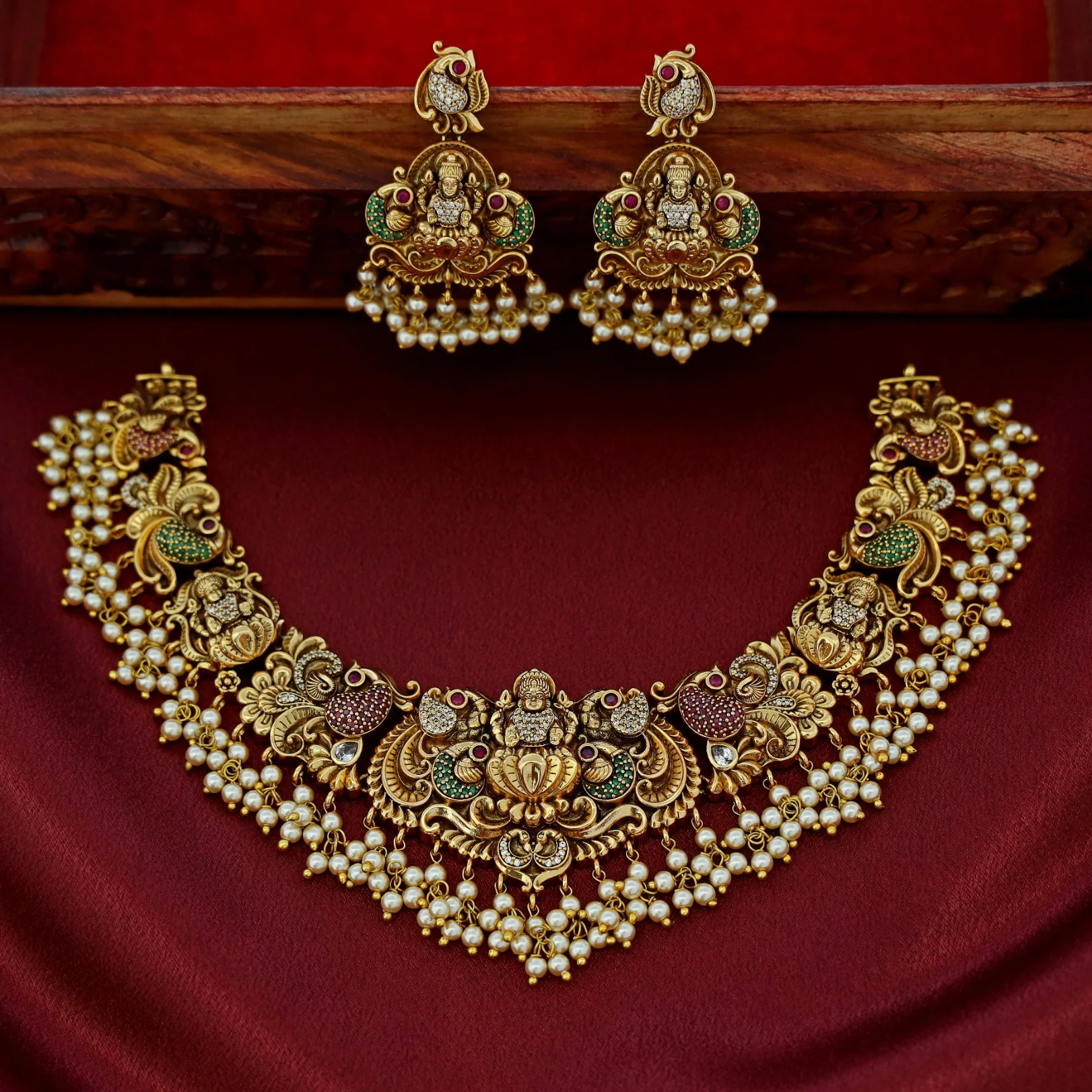 Premium Ayushi Pearl AD Stone Short Neckpiece With Earring - Image 3