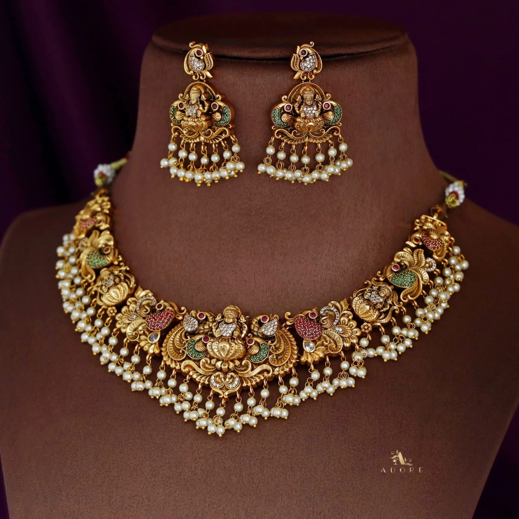 Premium Ayushi Pearl AD Stone Short Neckpiece With Earring - Image 4