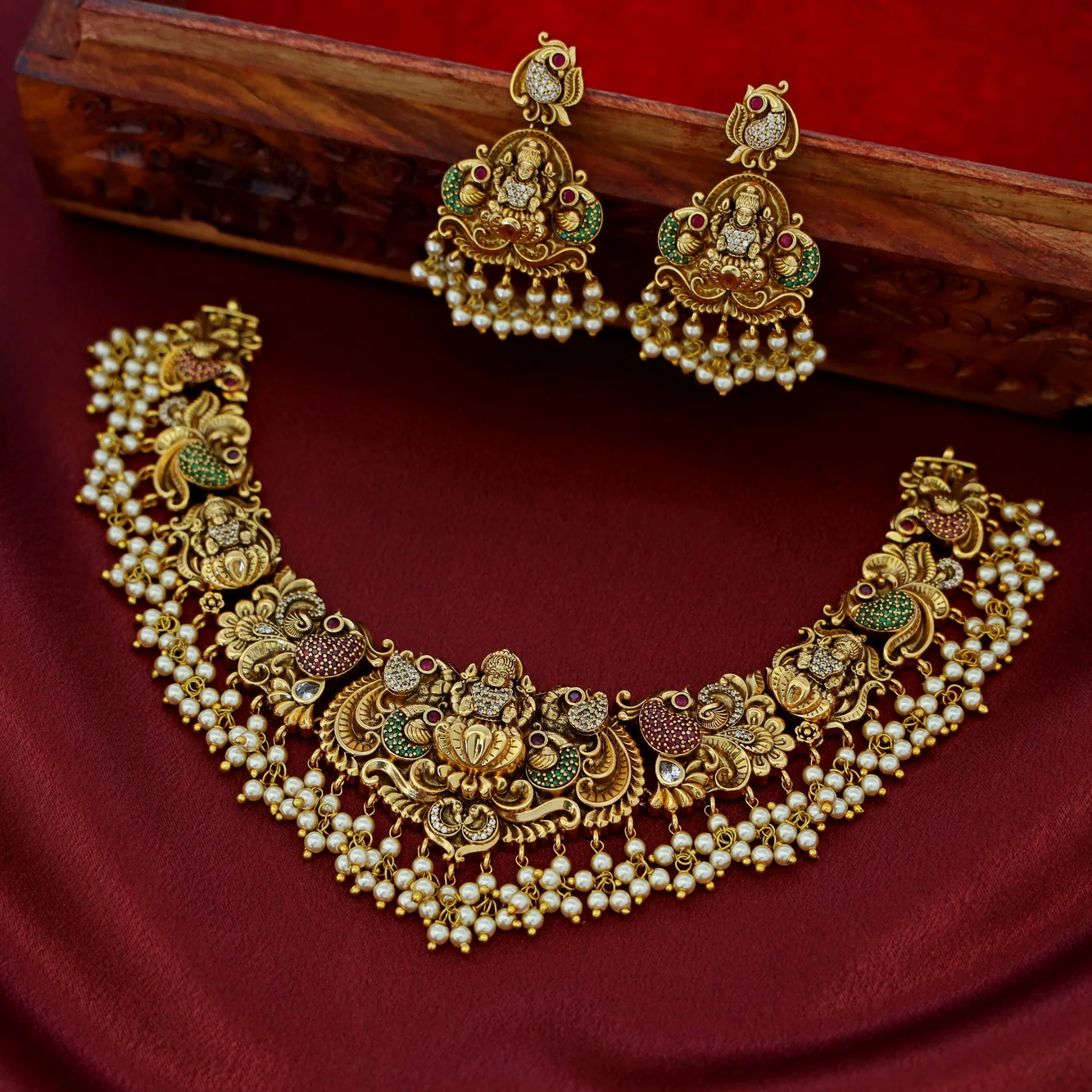 Premium Ayushi Pearl AD Stone Short Neckpiece With Earring - Image 8