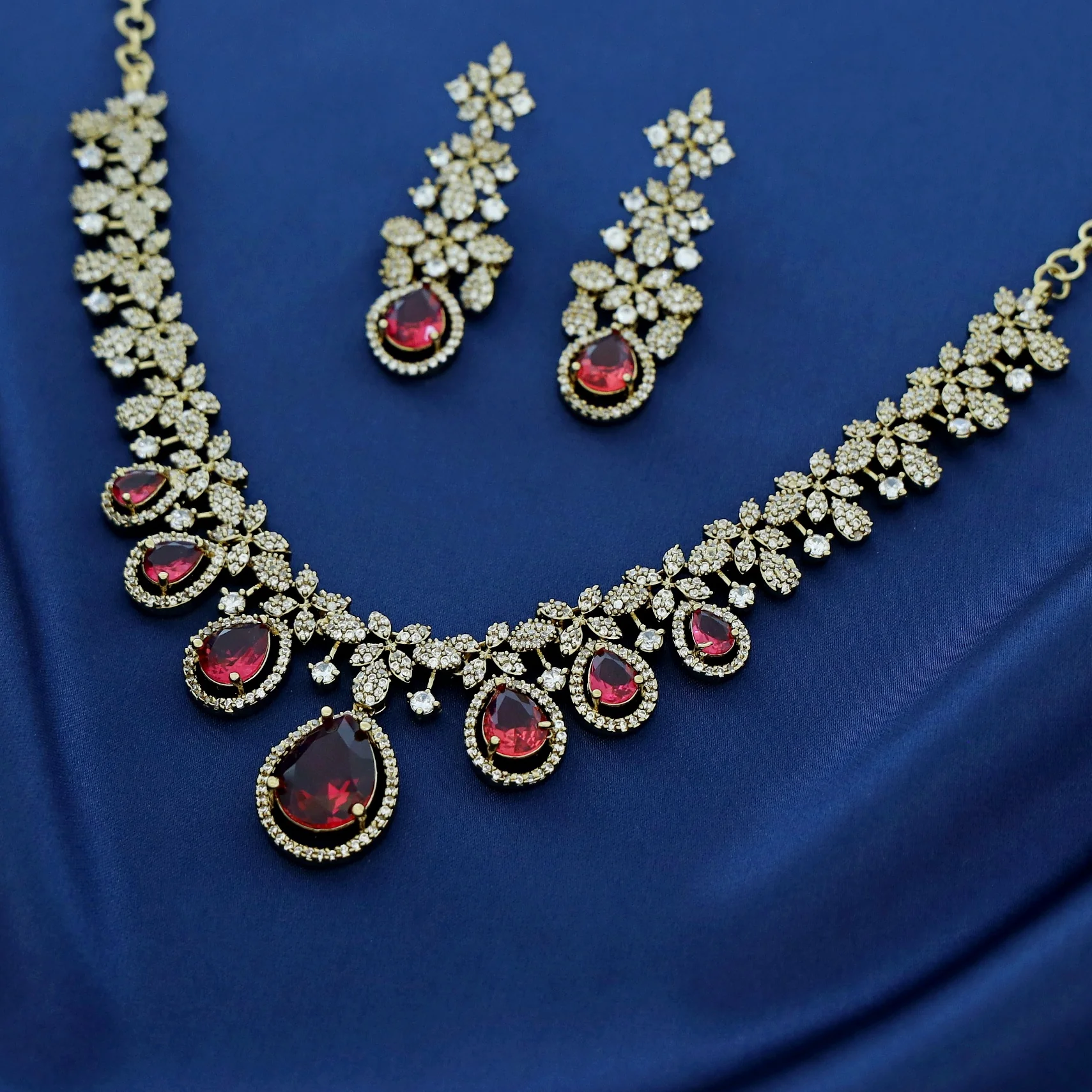 Premium Darcie AD Stone Glossy Drop Short Neckpiece With Earring - Image 2