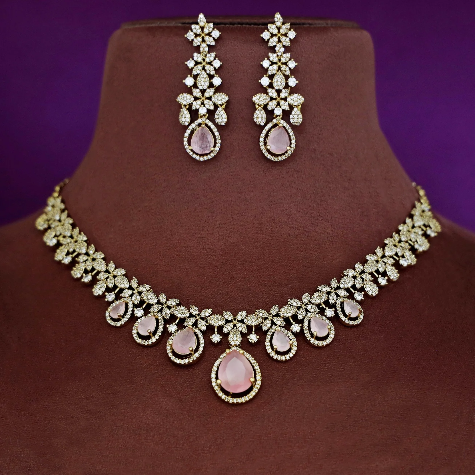 Premium Darcie AD Stone Glossy Drop Short Neckpiece With Earring - Image 3
