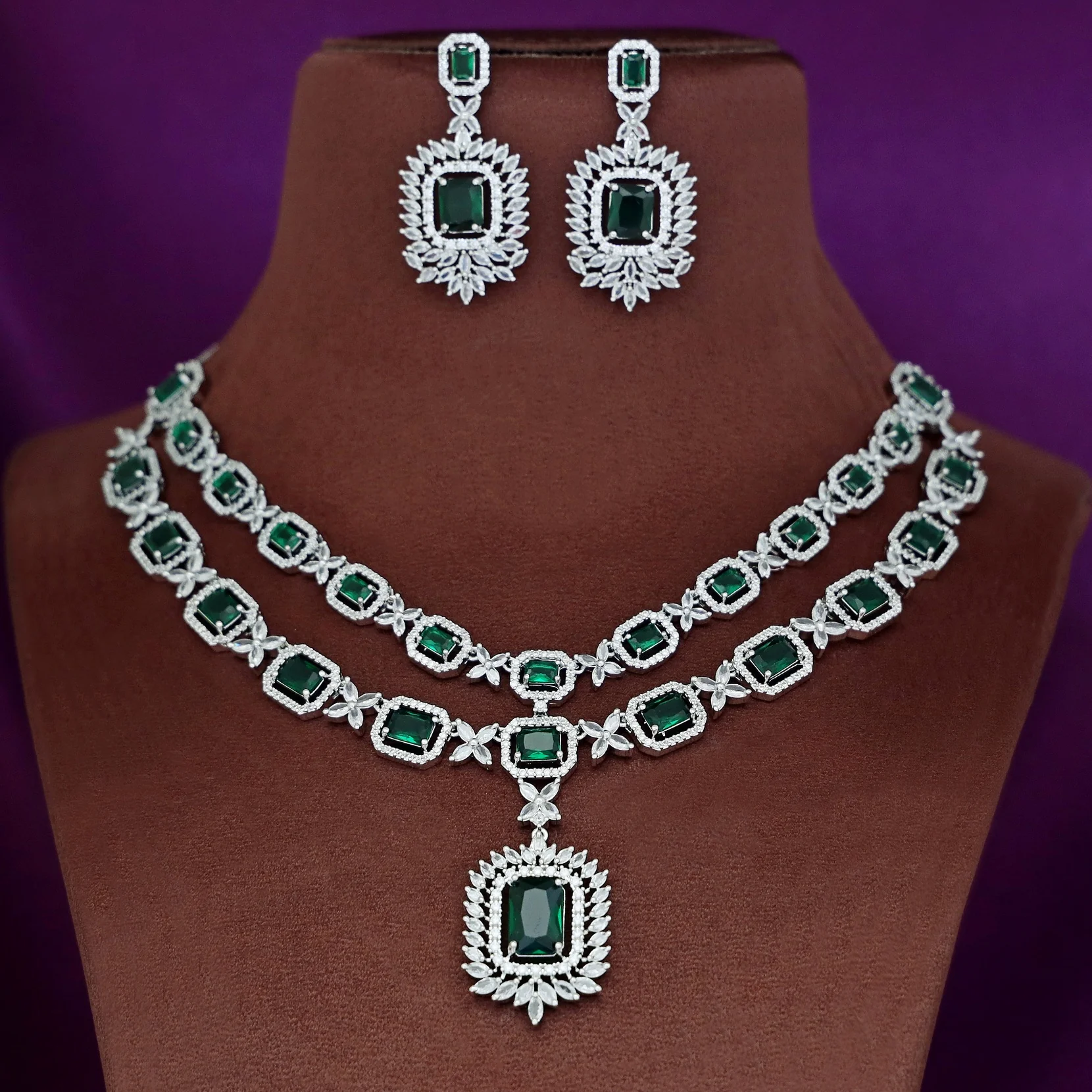 Premium AD Stone Rectangle 2 Layer Neckpiece With Earring - Image 2