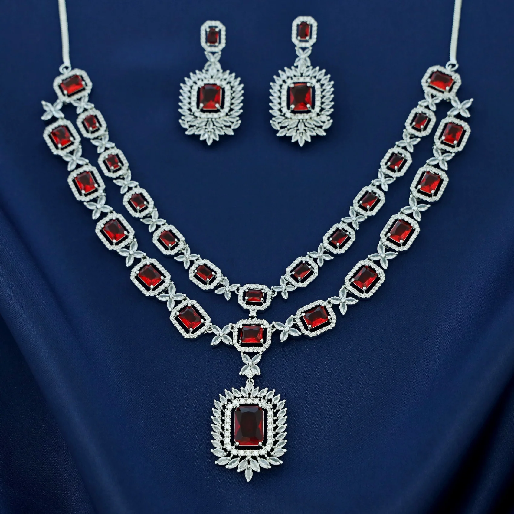 Premium AD Stone Rectangle 2 Layer Neckpiece With Earring - Image 3