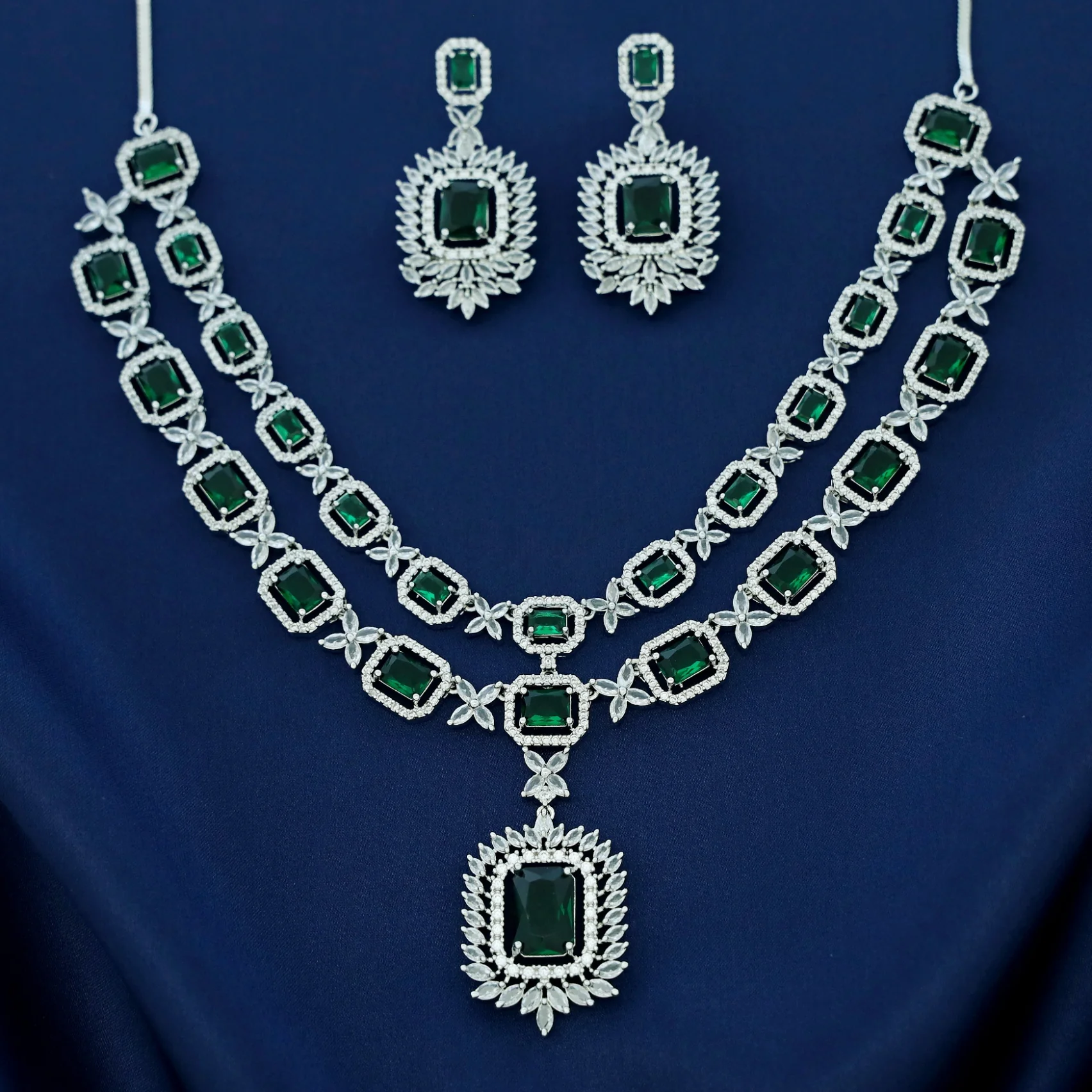 Premium AD Stone Rectangle 2 Layer Neckpiece With Earring - Image 4