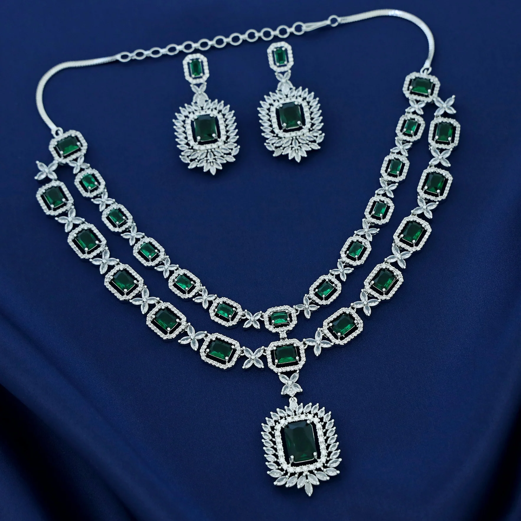 Premium AD Stone Rectangle 2 Layer Neckpiece With Earring - Image 5