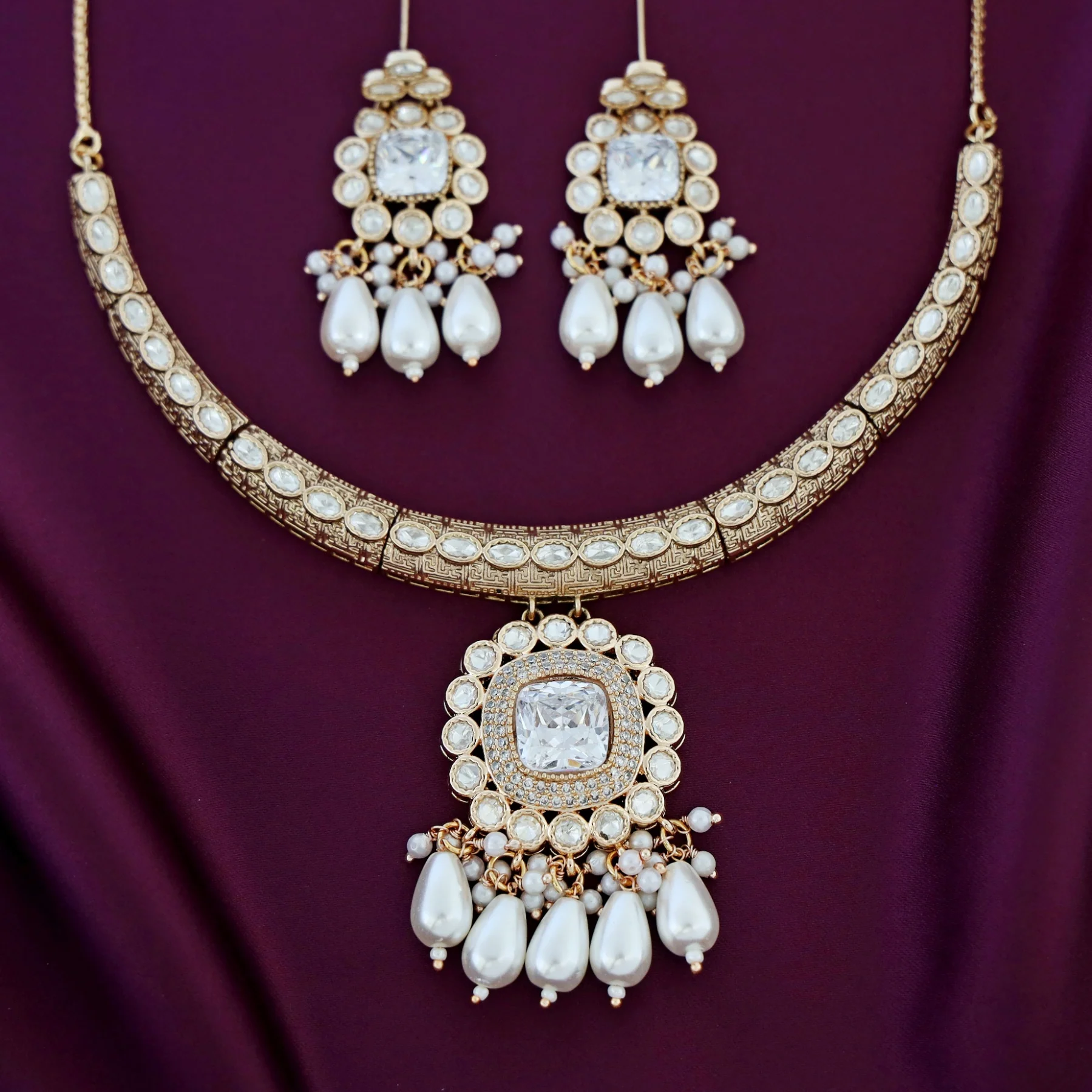 Premium Etasha AD Stone Pearl Stiff Neckpiece With Earring - Image 2