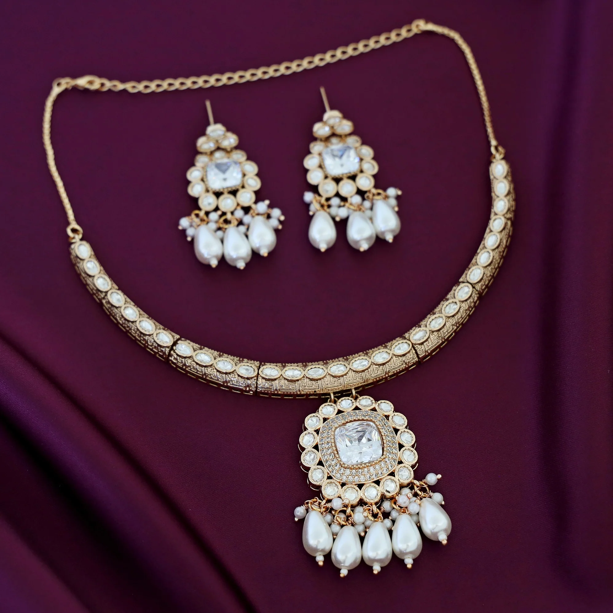 Premium Etasha AD Stone Pearl Stiff Neckpiece With Earring - Image 3