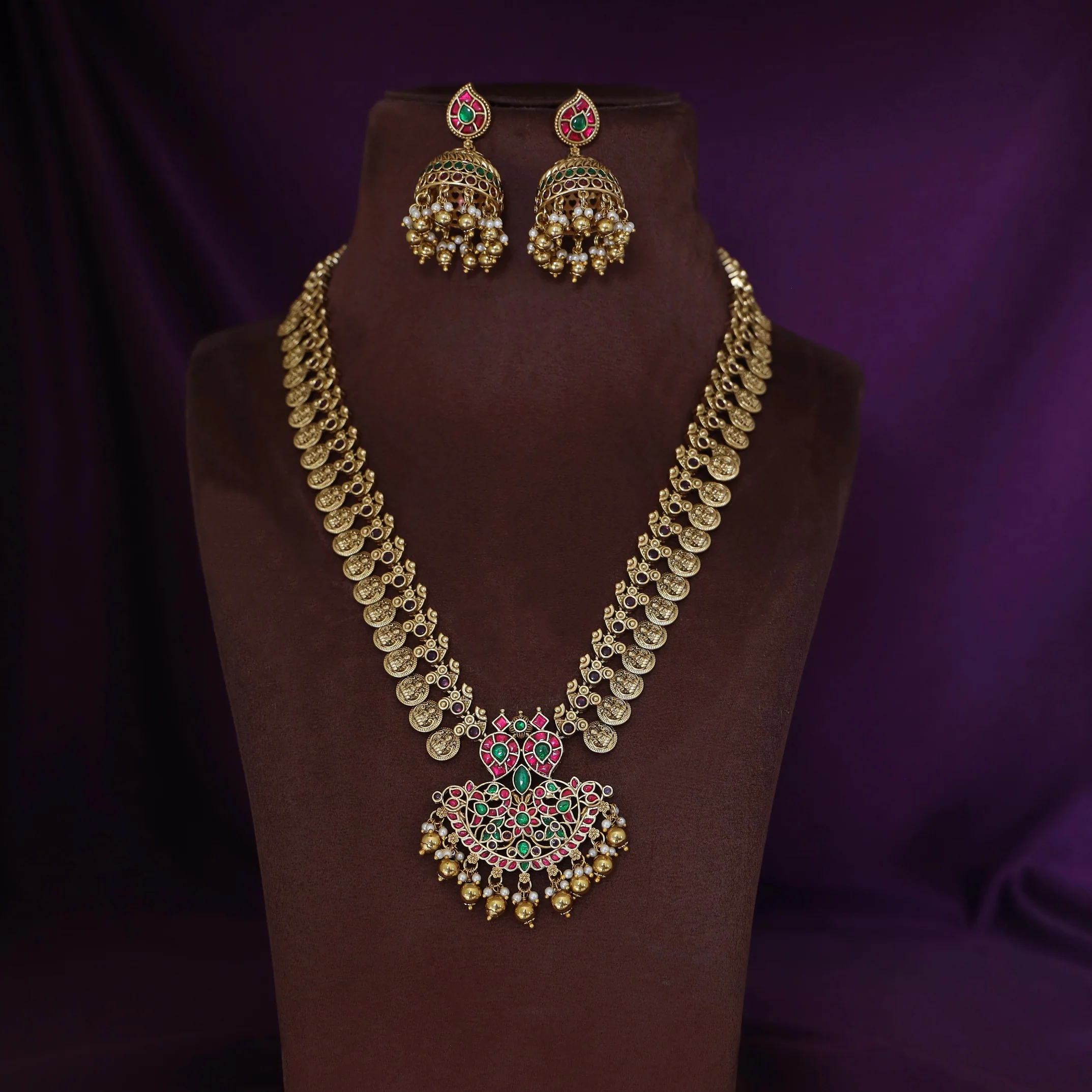 Premium Ikshitha Devi Kashi Jadau Kundan Beaded Long Haram With Earring - Image 5