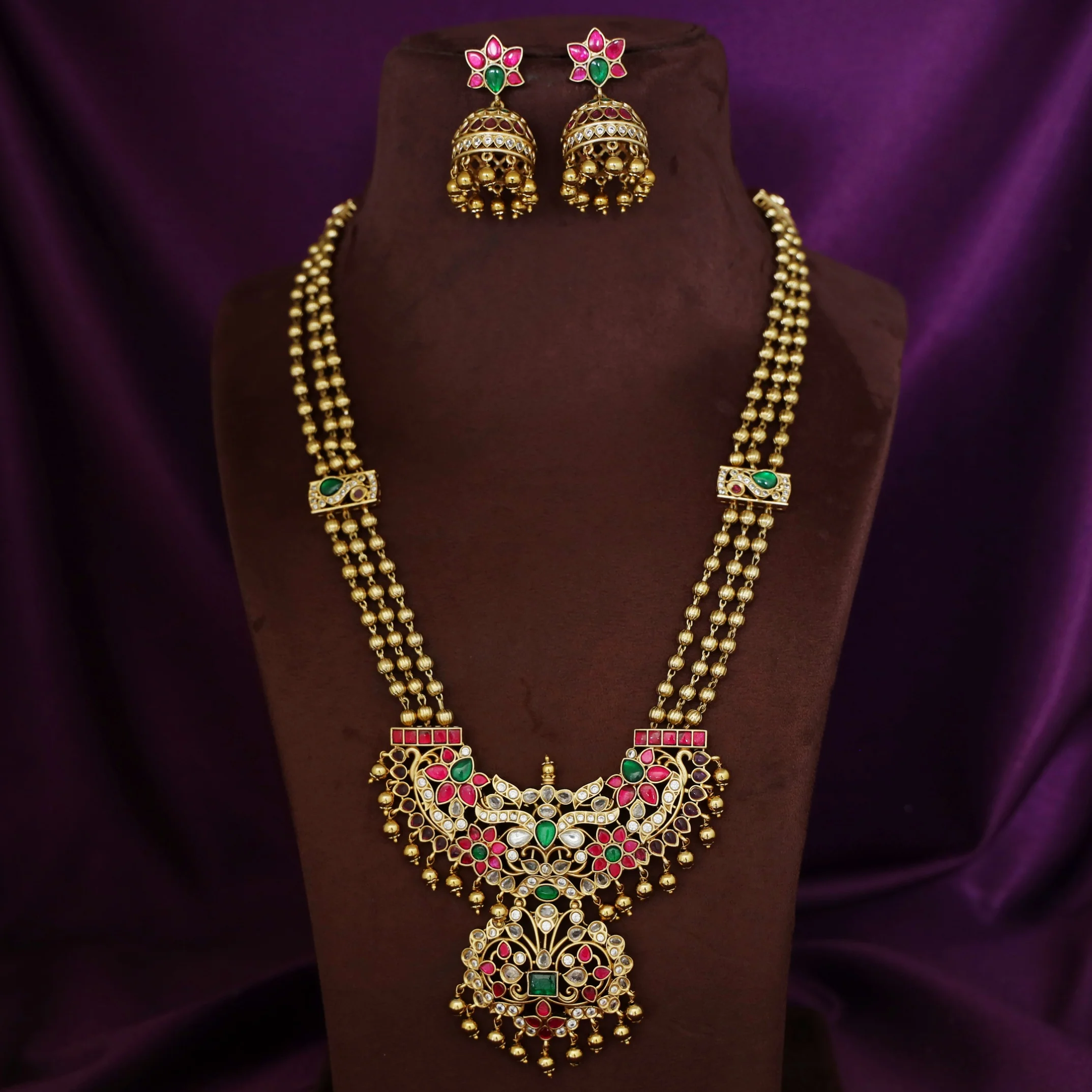 Premium Jadau Kundan 3 Layer Golden Ball Long Haram With Earring - Image 2