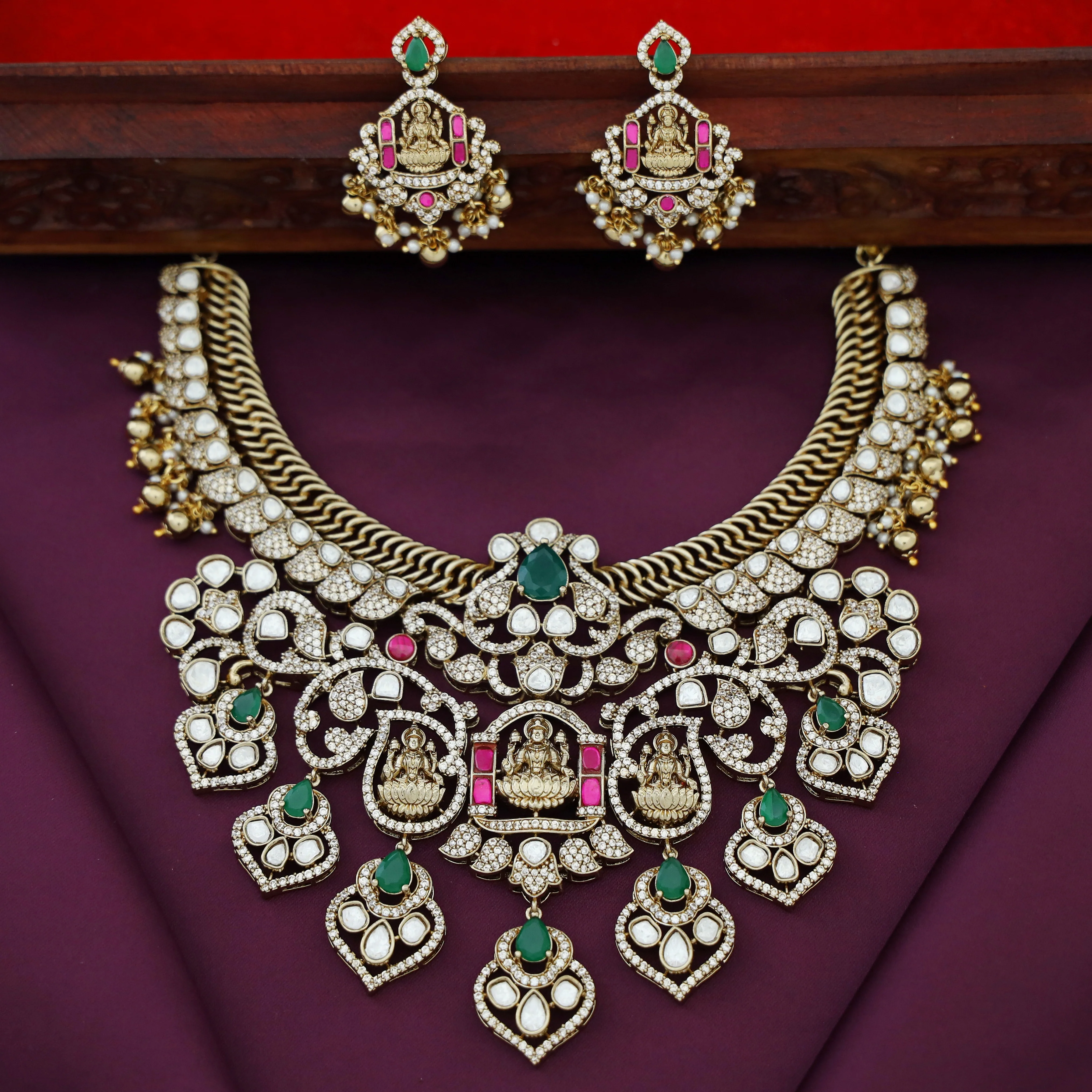 Premium Jadau Kundan AD Stone Tri Devi Short Neckpiece With Earring - Image 2