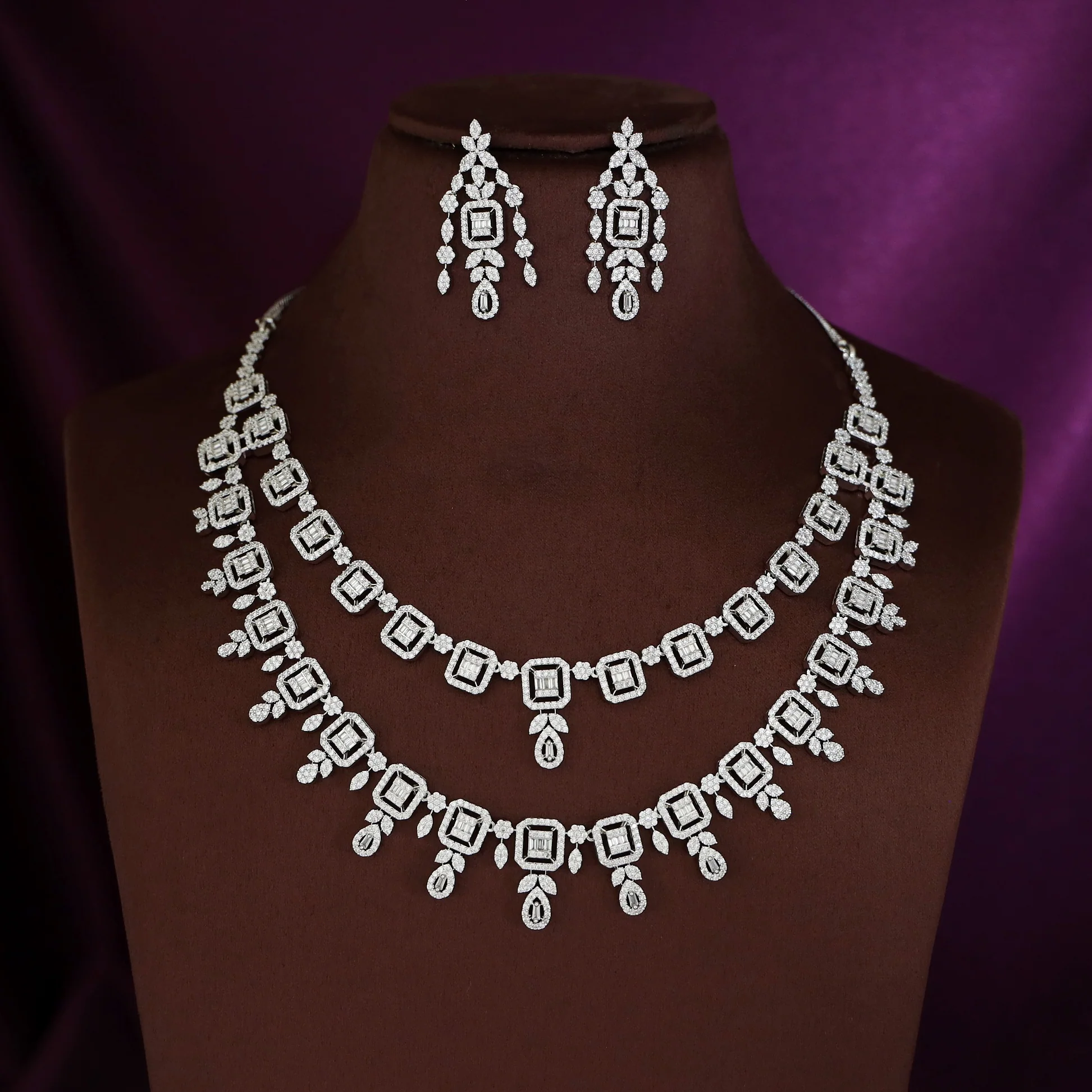 Premium 2 Layer Silver AD Stone Short Neckpiece With Earring - Image 2