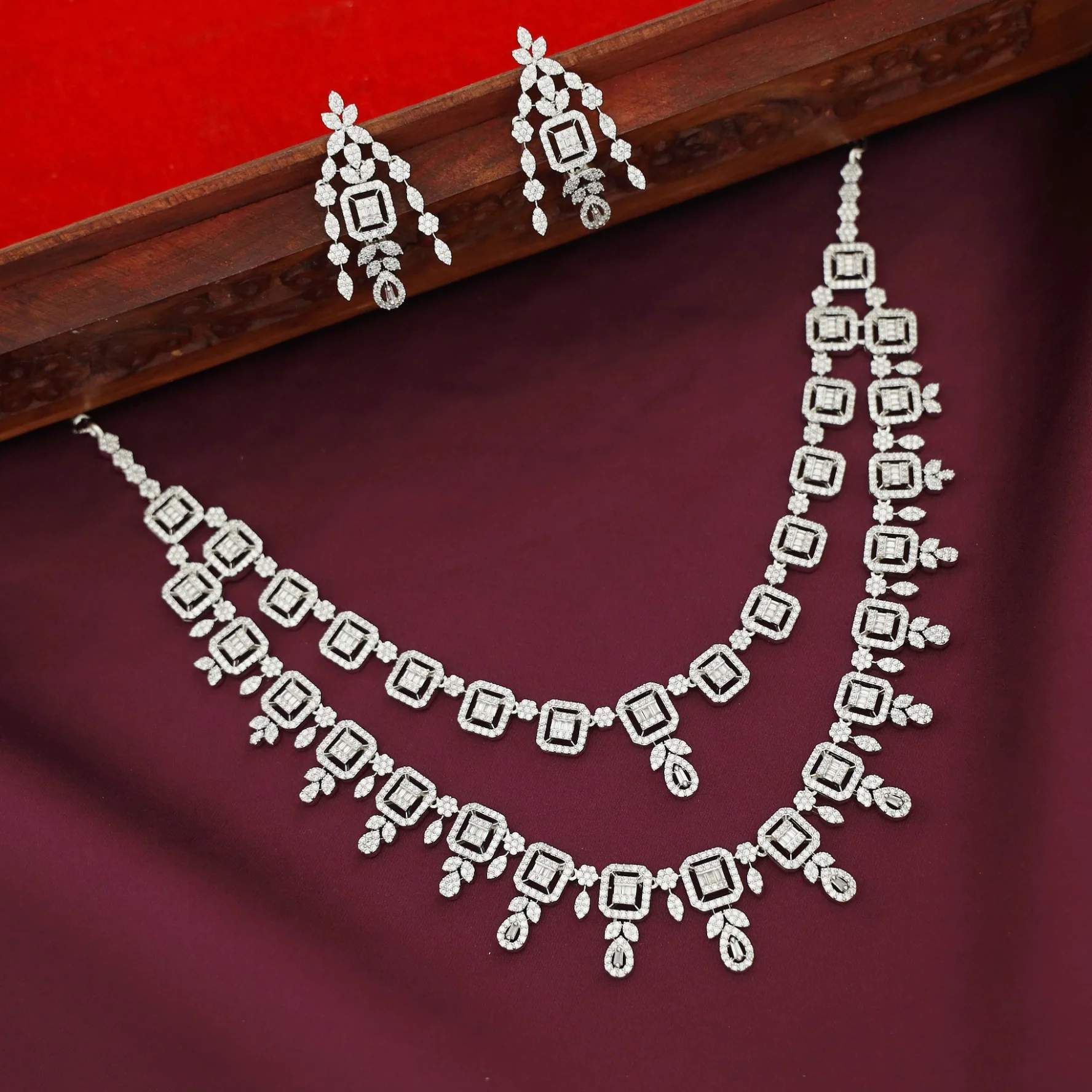 Premium 2 Layer Silver AD Stone Short Neckpiece With Earring - Image 3