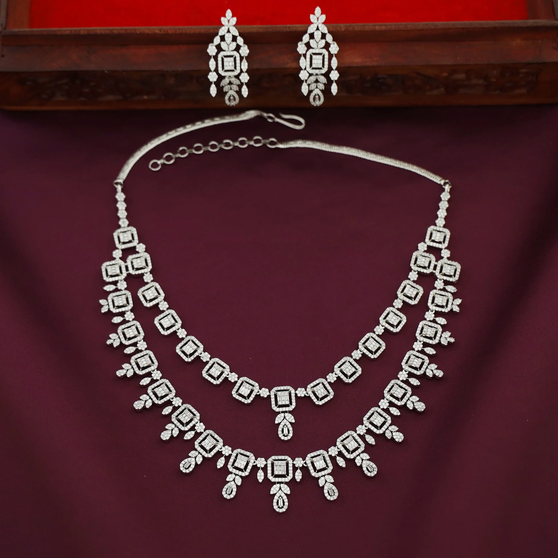 Premium 2 Layer Silver AD Stone Short Neckpiece With Earring - Image 4