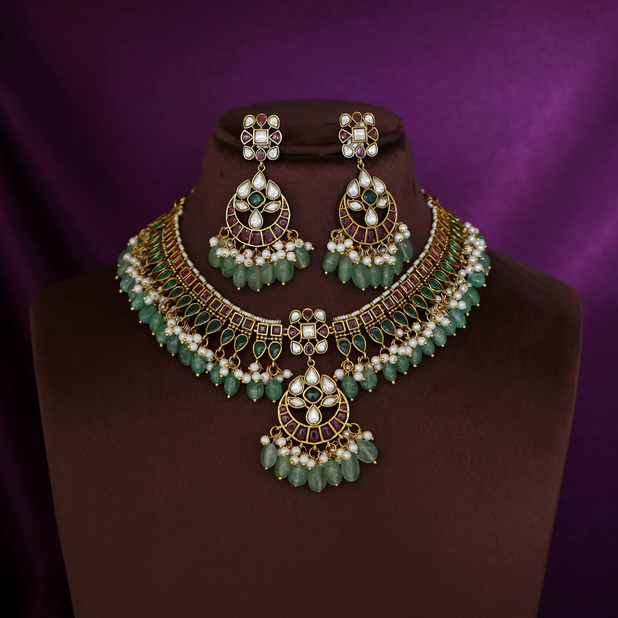 Premium Madhusri Kemp Stone Half Moon Short Neckpiece With Earring - Image 2