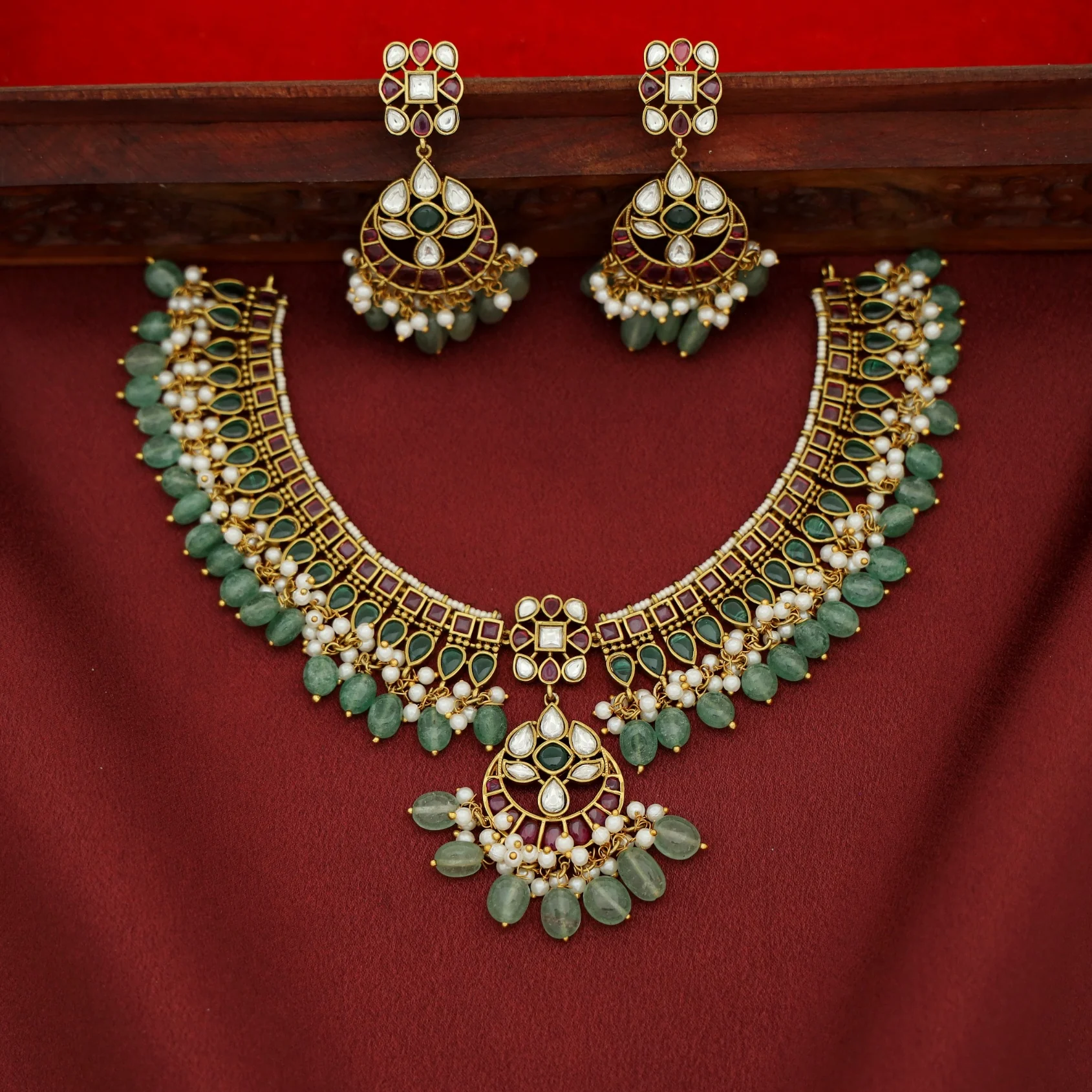 Premium Madhusri Kemp Stone Half Moon Short Neckpiece With Earring - Image 3