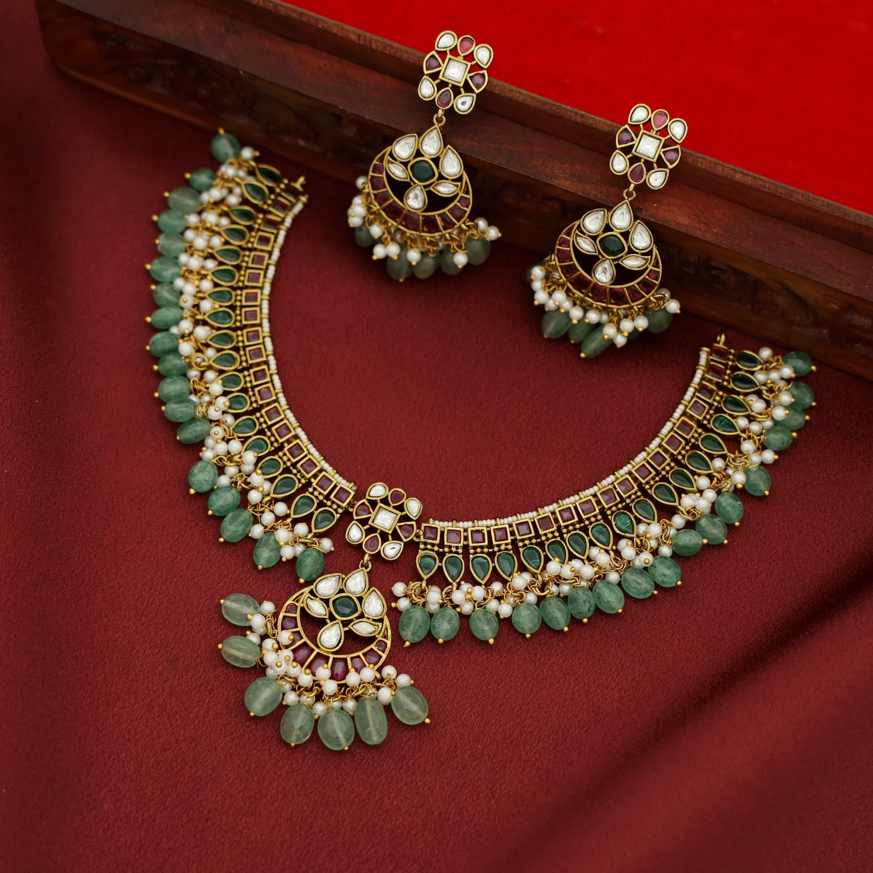 Premium Madhusri Kemp Stone Half Moon Short Neckpiece With Earring - Image 4
