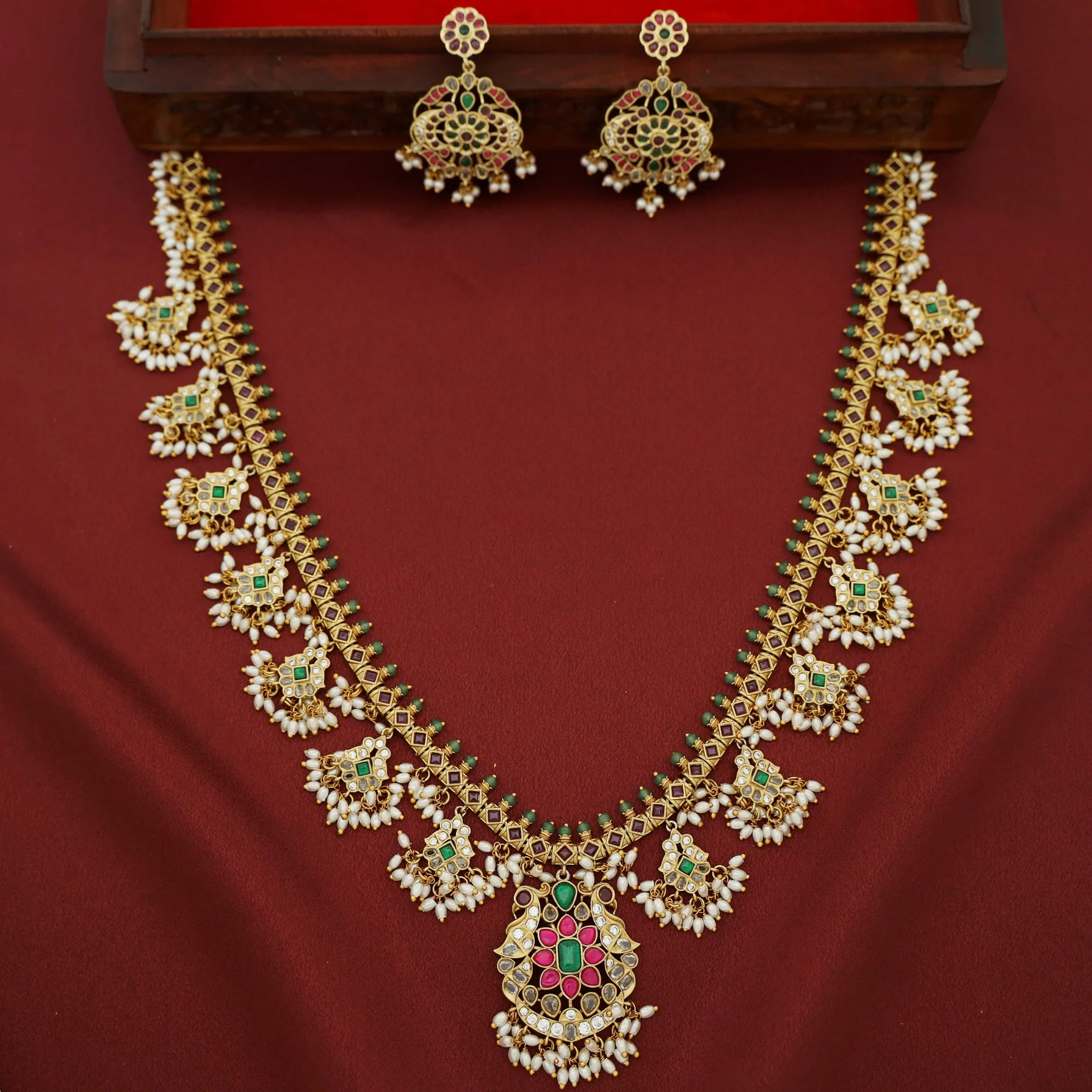 Premium Mythri Floral Rice Pearl Long Neckpiece with Earring - Image 2