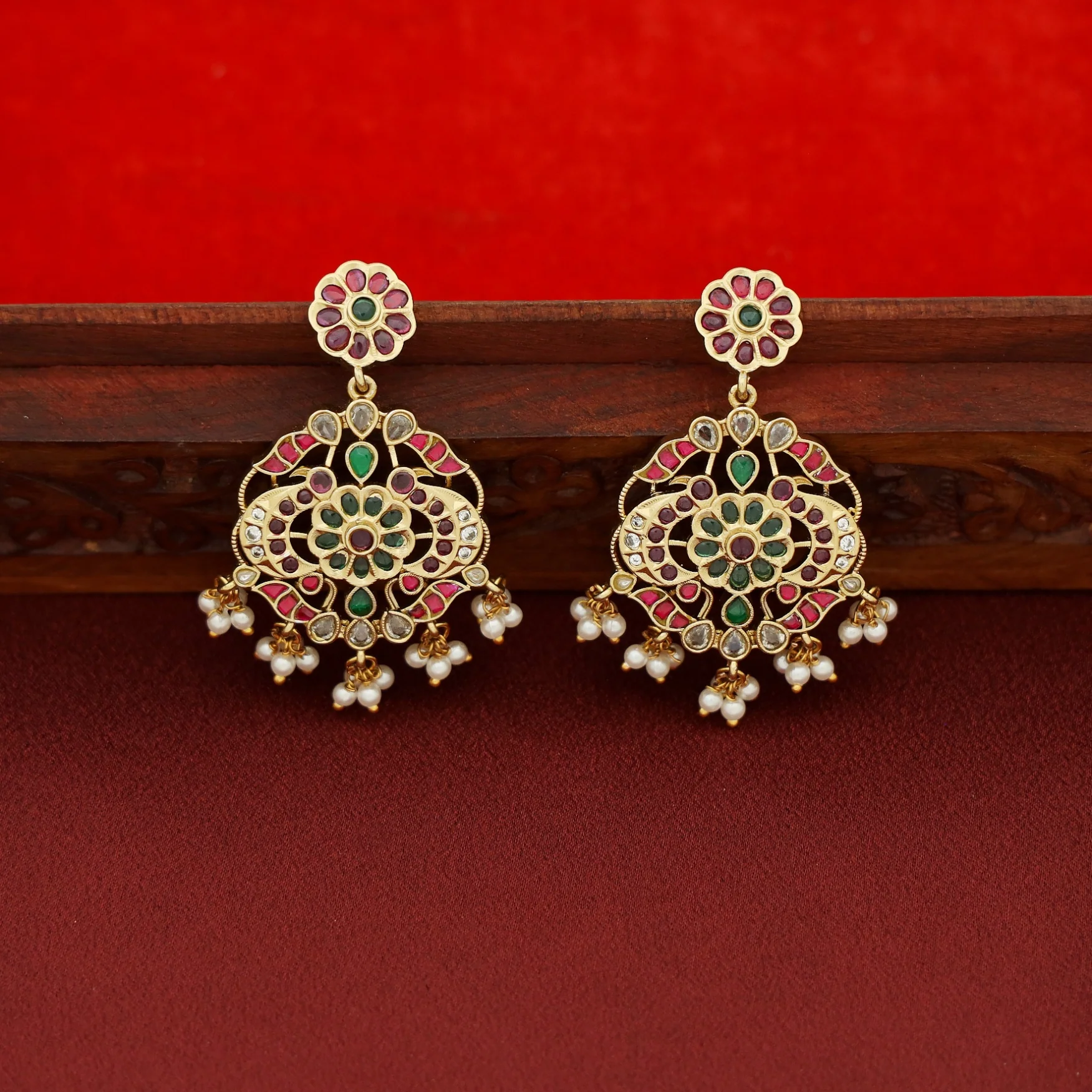 Premium Mythri Floral Rice Pearl Long Neckpiece with Earring - Image 3