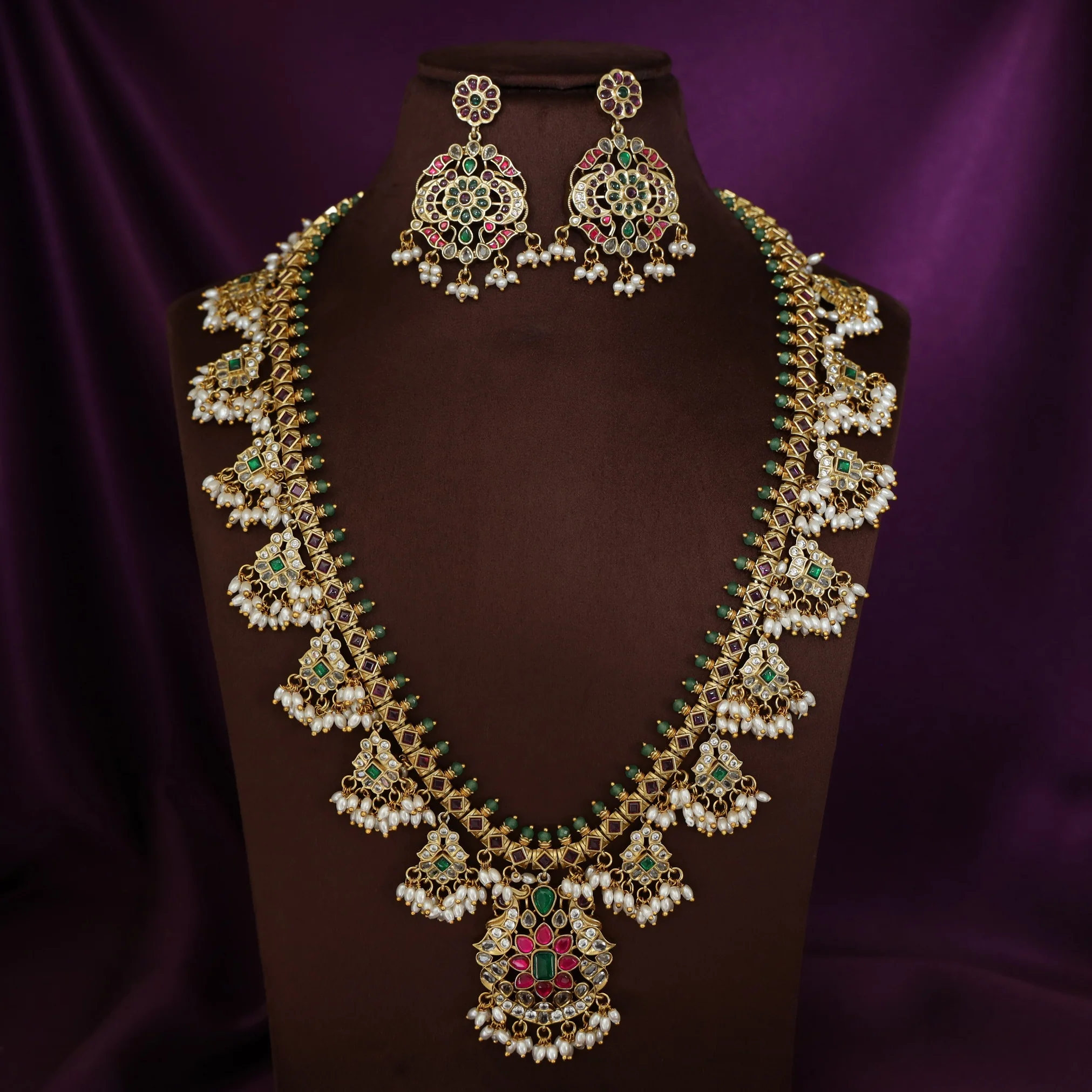 Premium Mythri Floral Rice Pearl Long Neckpiece with Earring - Image 4