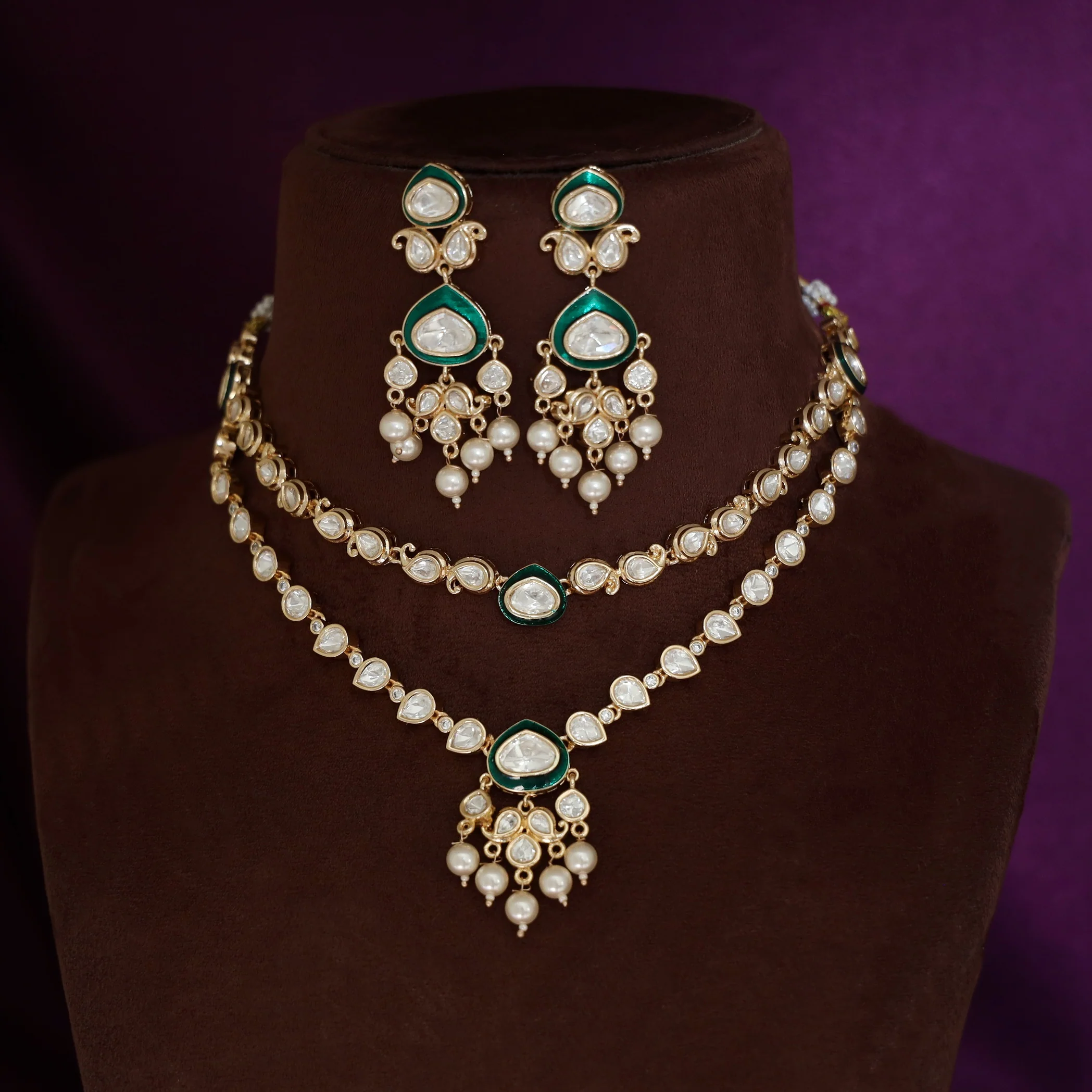 Premium Pooja Kundan 2 Layer Drop Pearl Neckpiece With Earring - Image 2