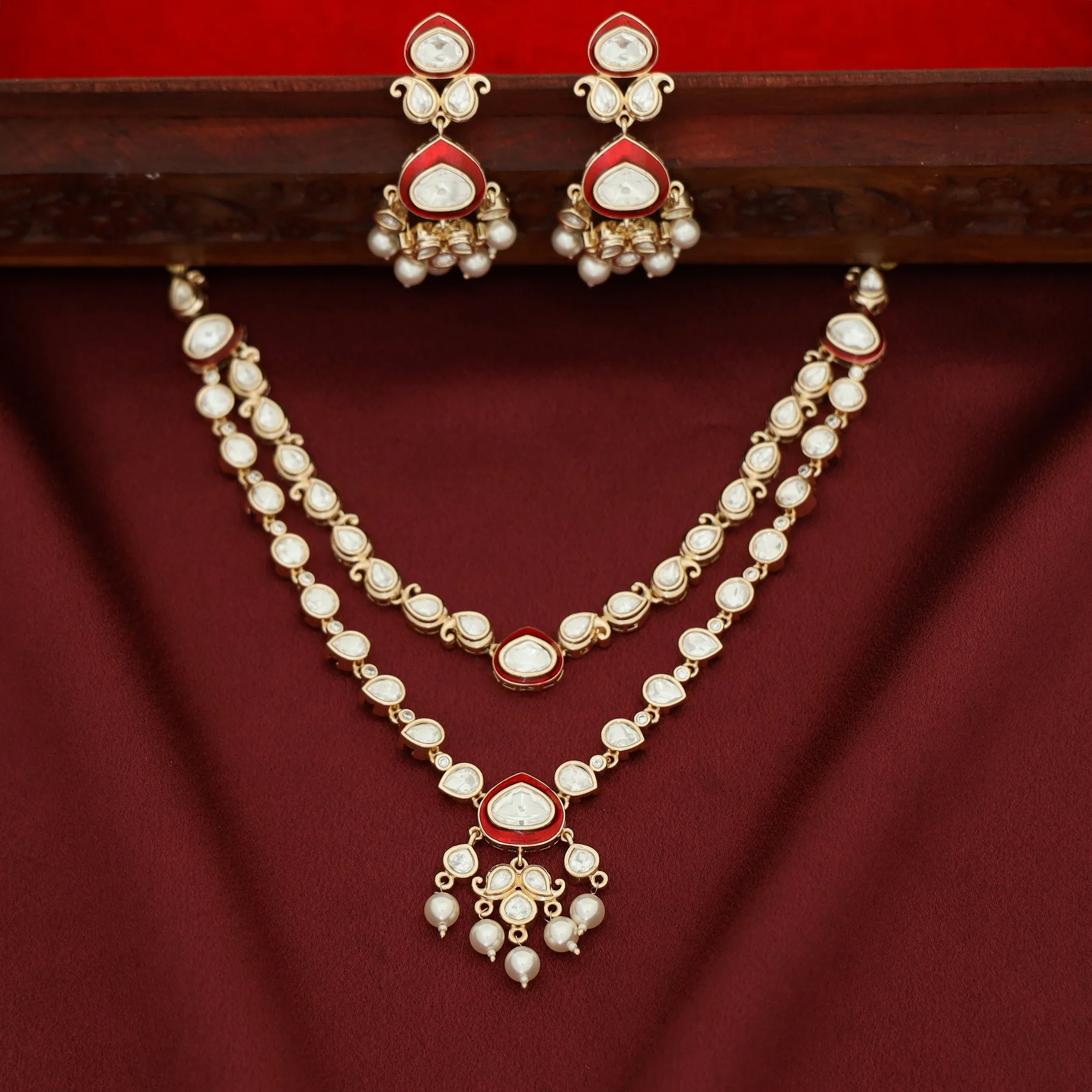 Premium Pooja Kundan 2 Layer Drop Pearl Neckpiece With Earring - Image 3